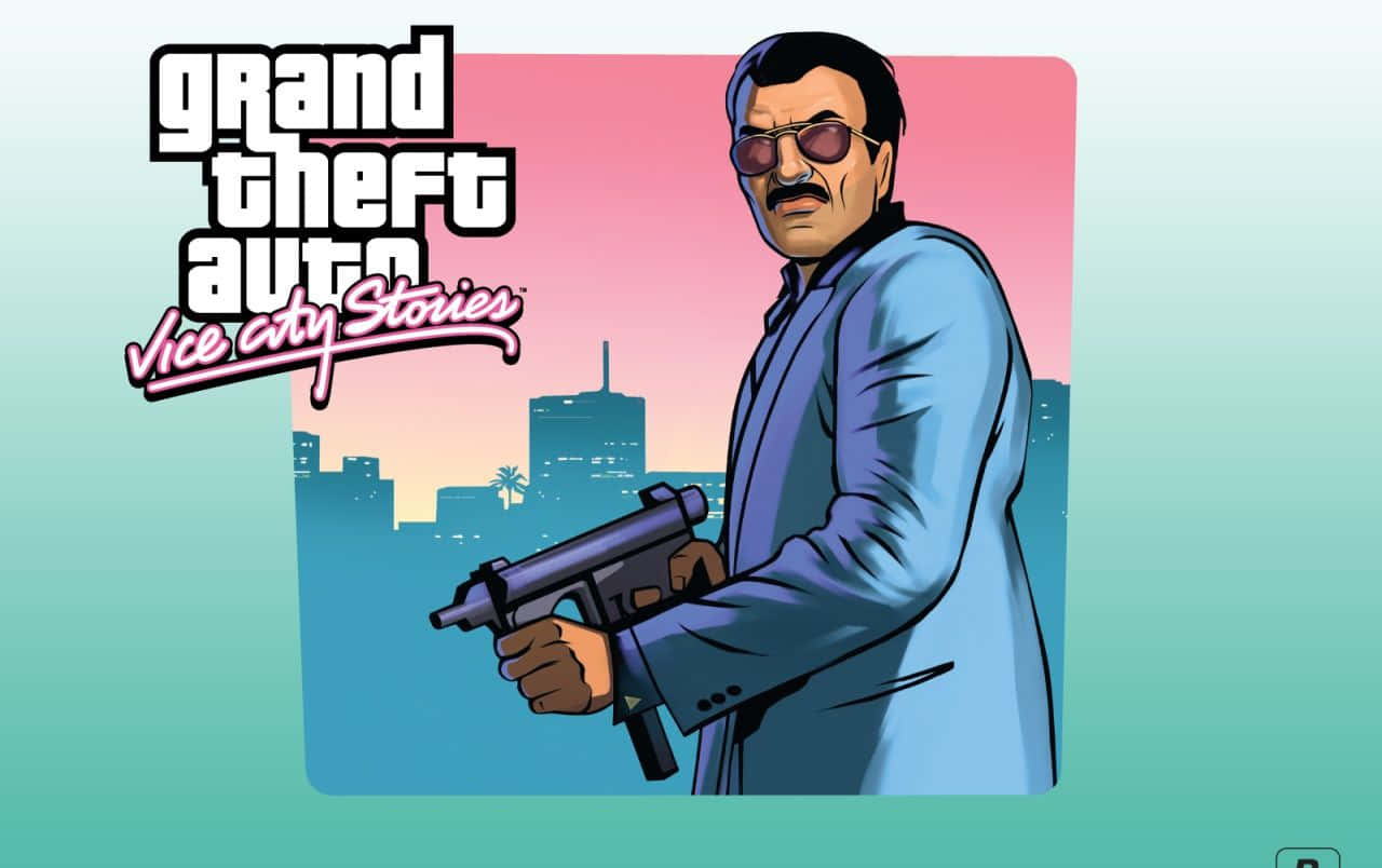 GTA Vice City Diego Mendez 藍色藝術圖 壁紙 — 一個卡通男人穿著藍色西裝和太陽眼鏡，在粉紅色和藍綠色的日落城市天際線前拿著槍，上面有「Grand Theft Auto Vice City Stories」文字。