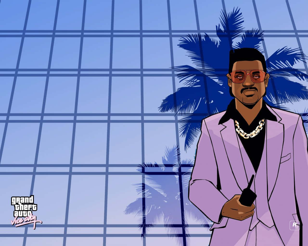 GTA Vice City Lance T. Vance 壁紙 — 一個風格化的卡通男人，穿著紫色西裝和紅色太陽眼鏡，自信地站在藍色網格背景前，背景有棕櫚樹。