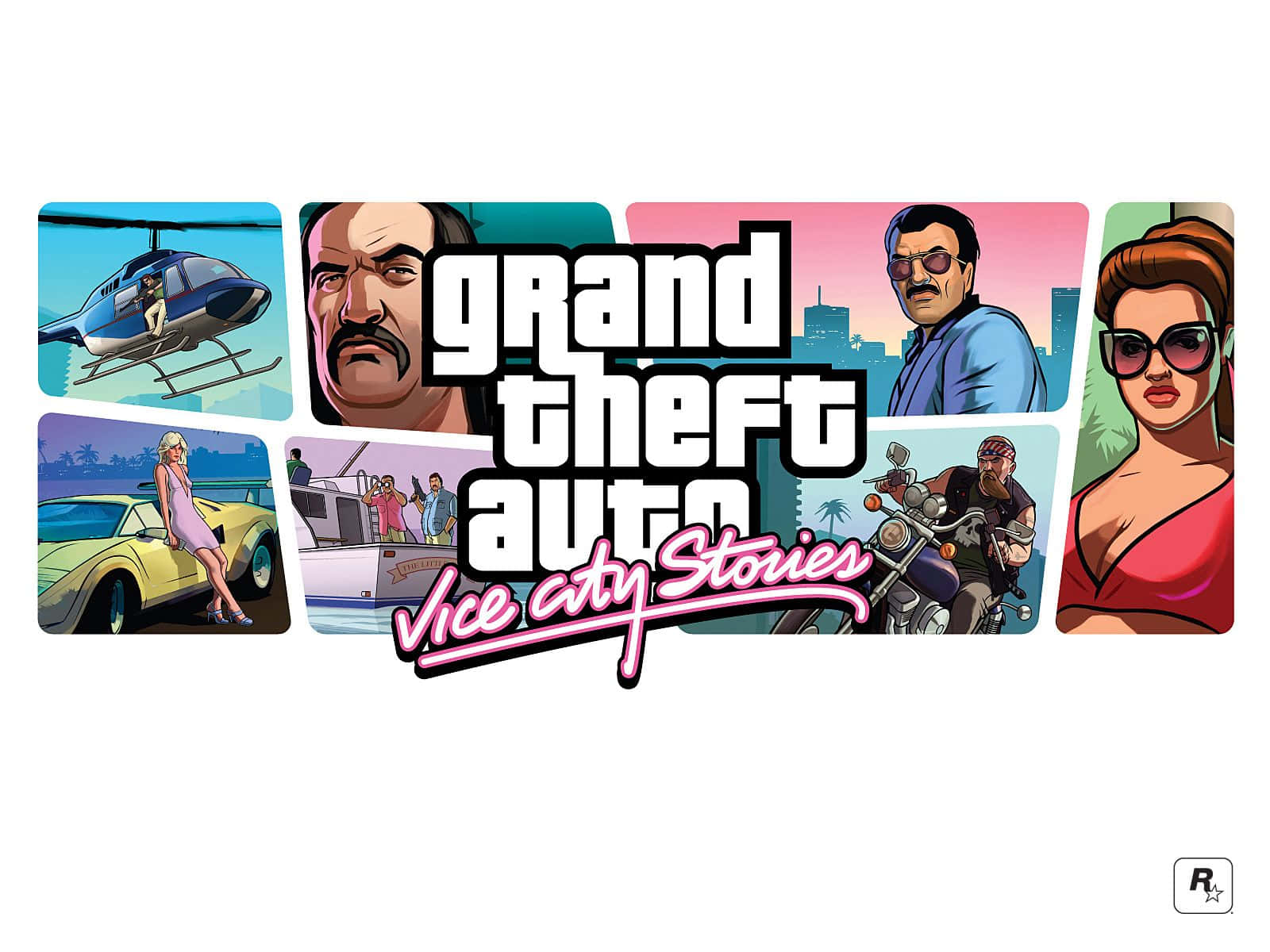 GTA Vice City 白色拼貼藝術 壁紙 — Grand Theft Auto Vice City Stories 的鮮明復古風格拼貼畫，角色和車輛在色彩繽紛的城市背景下呈現。