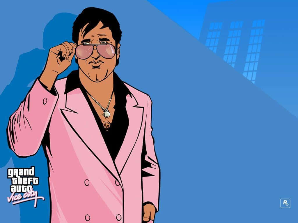 GTA Vice City Sonny Forelli 藍色藝術圖 壁紙 — 一個卡通男人穿著粉紅色西裝和太陽眼鏡，在藍色城市景觀背景下調整他的眼鏡。