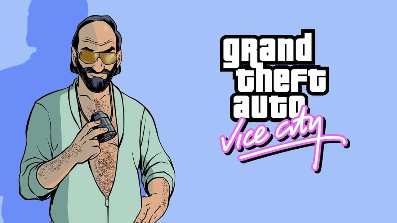 GTA Vice City Steve Scott 概念藝術圖 壁紙 — 一個戴太陽眼鏡和鬍子的卡通男人，在藍色背景上拿著電話，背景有Grand Theft Auto Vice City標誌。