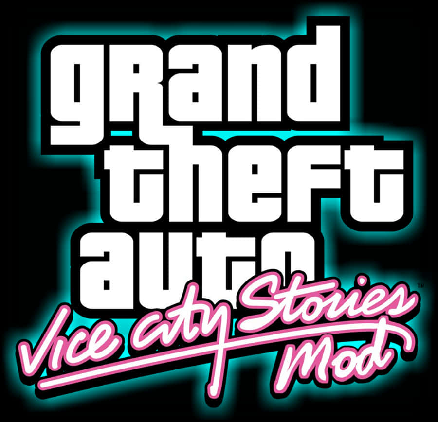 GTA Vice City Stories MOD 標誌 壁紙 — 喺黑色背景上，霓虹燈照亮嘅 'Grand Theft Auto Vice City Stories Mod' 標誌發出青色同粉紅色嘅光。