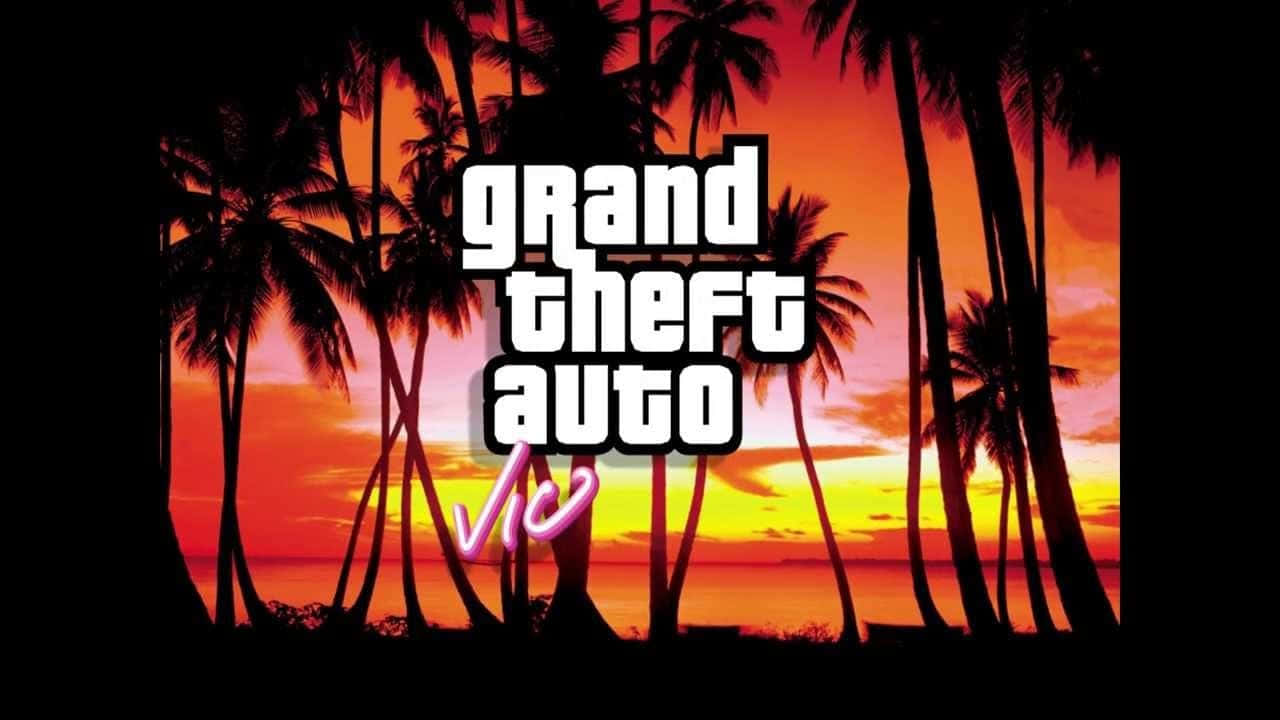 日落時棕櫚樹上的 Grand Theft Auto Vice City 標誌