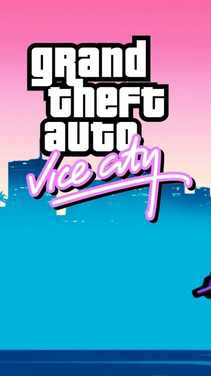 GTA: Vice City 粉藍手機殼 壁紙 — 充滿活力的粉紅和藍色漸變天空，背後是粗體白色和粉紅色的「Grand Theft Auto Vice City」標誌，並有城市天際線剪影。