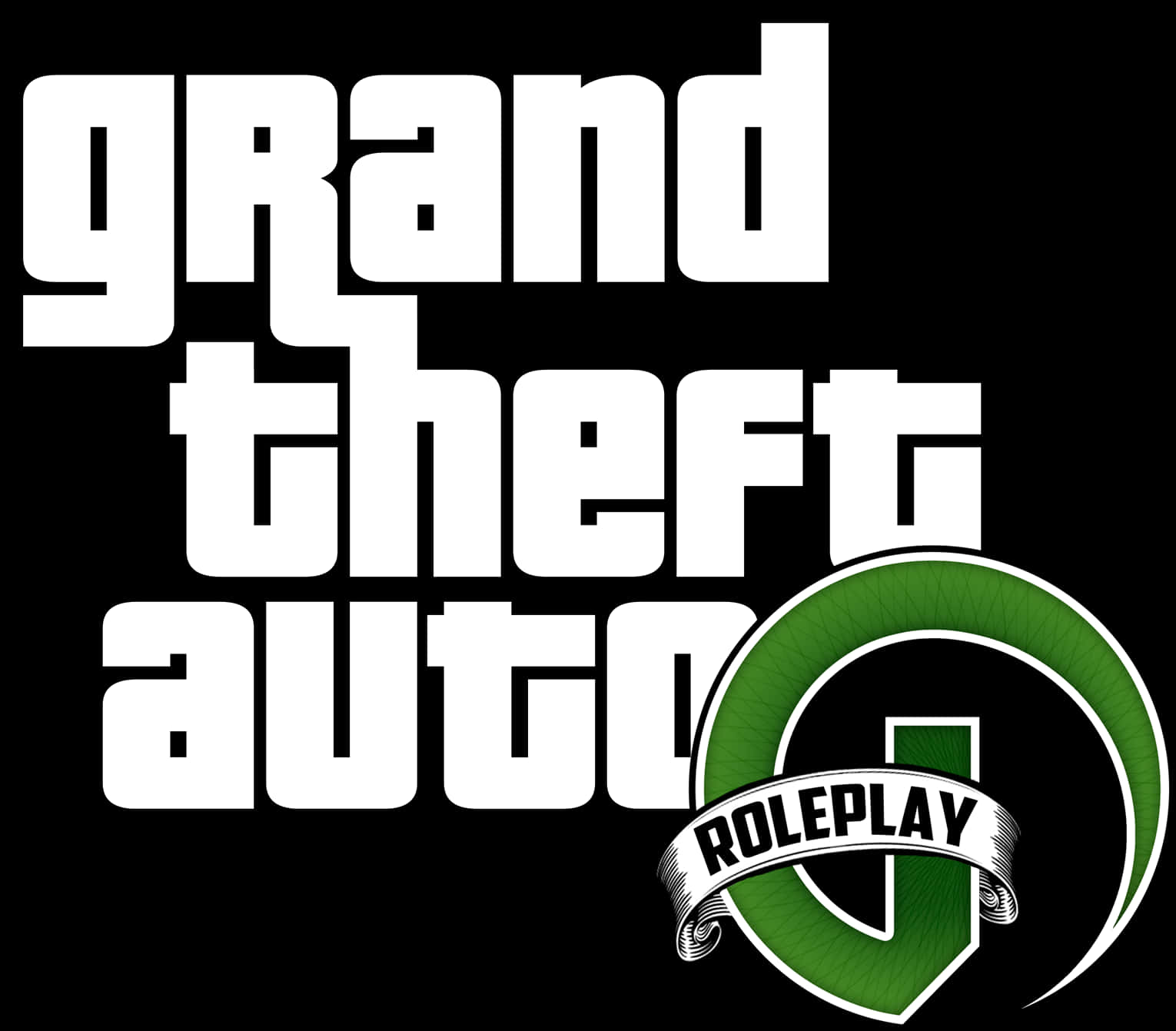 GTA 模擬扮演標誌 壁紙 — 黑色背景上，粗體白色「Grand Theft Auto」文字，帶有綠色「G」標誌和「ROLEPLAY」橫幅。