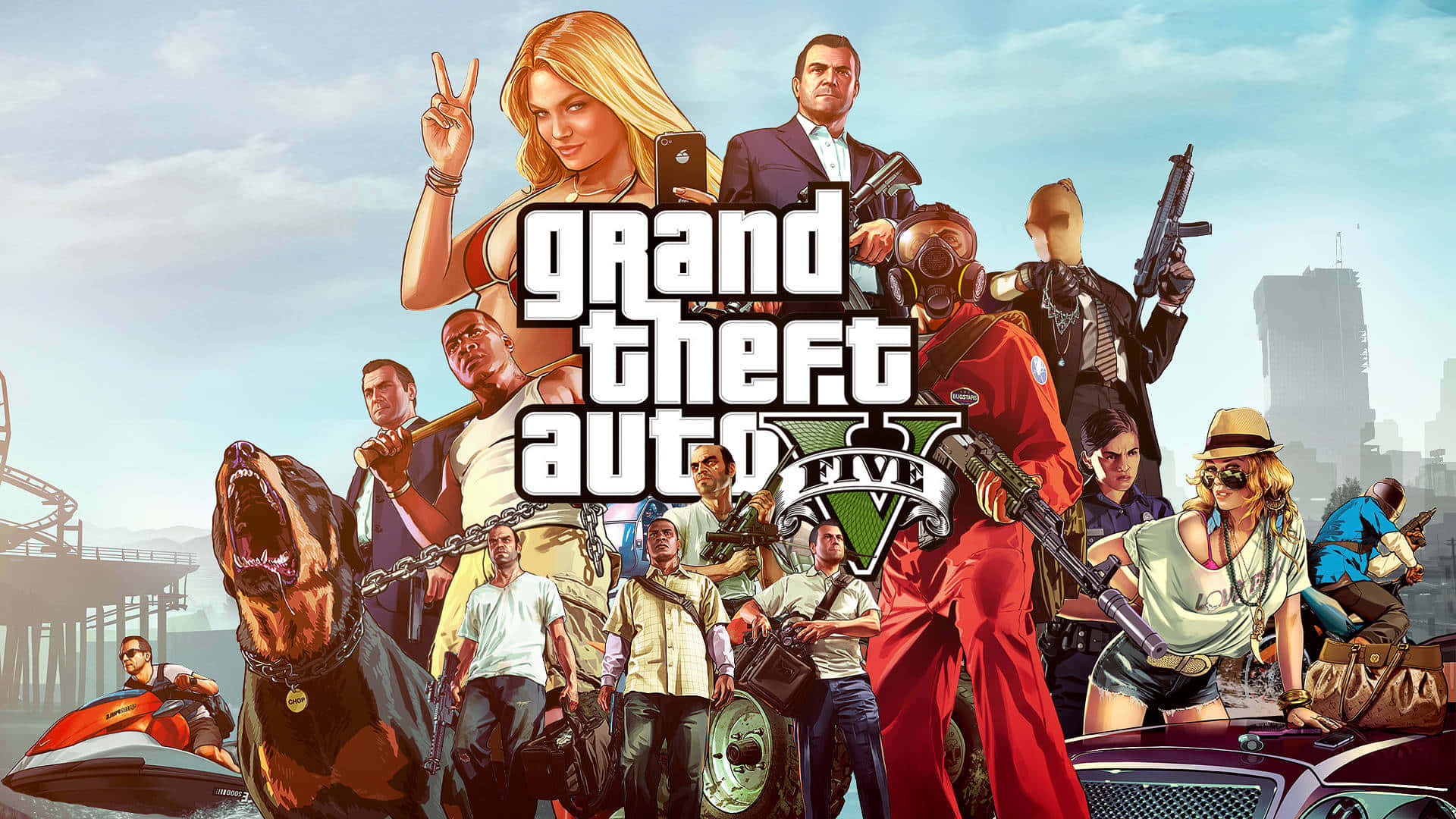 GTA 五人盜車狂歡載入畫面角色背景 壁紙 — 《Grand Theft Auto V》遊戲封面，主要角色手持武器和車輛，以城市為背景。