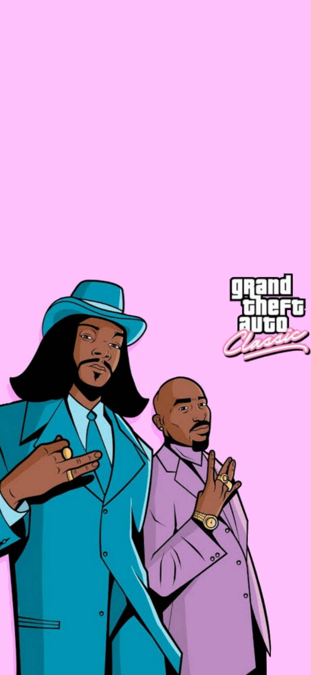 GTA 史努比狗狗與圖帕克 壁紙 — 兩個身穿西裝的卡通角色在純粉紅色背景前擺姿勢，並帶有 Grand Theft Auto Classic 標誌。