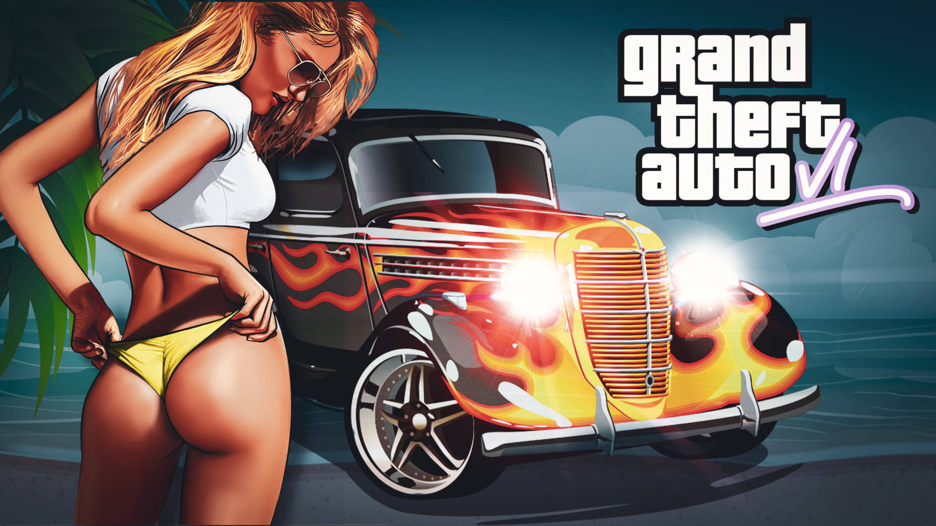 金髮女性穿著黃色比基尼，旁邊是火焰塗裝的經典汽車和GTA V標誌。