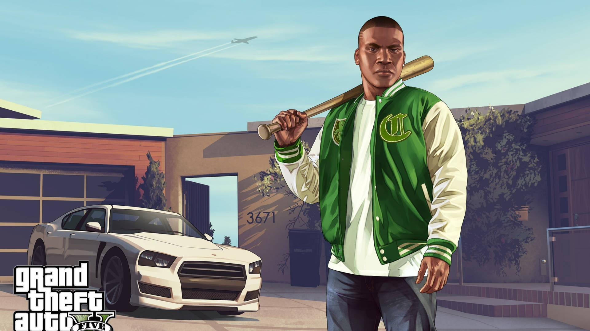 GTA V角色在郊區環境中手持球棍站在白色汽車旁