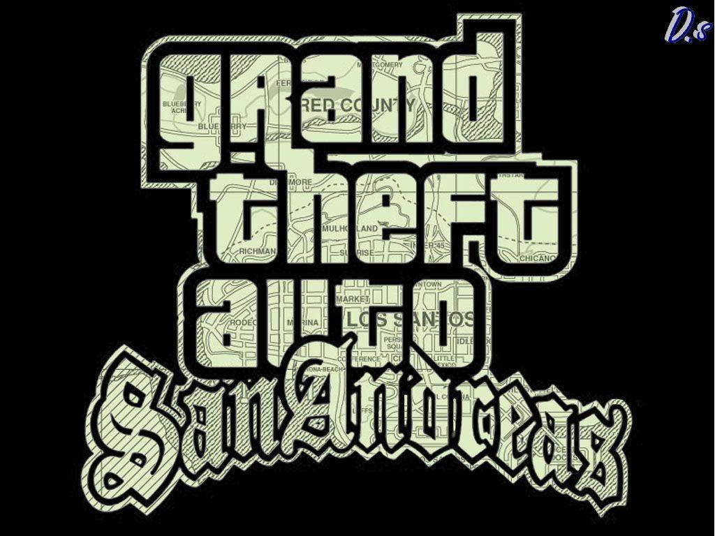黑色背景上帶有地圖紋理的 Grand Theft Auto San Andreas 標誌。