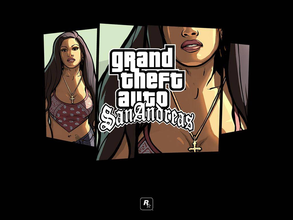 《Grand Theft Auto San Andreas》遊戲標誌，配以戴十字架項鍊的女性肖像。