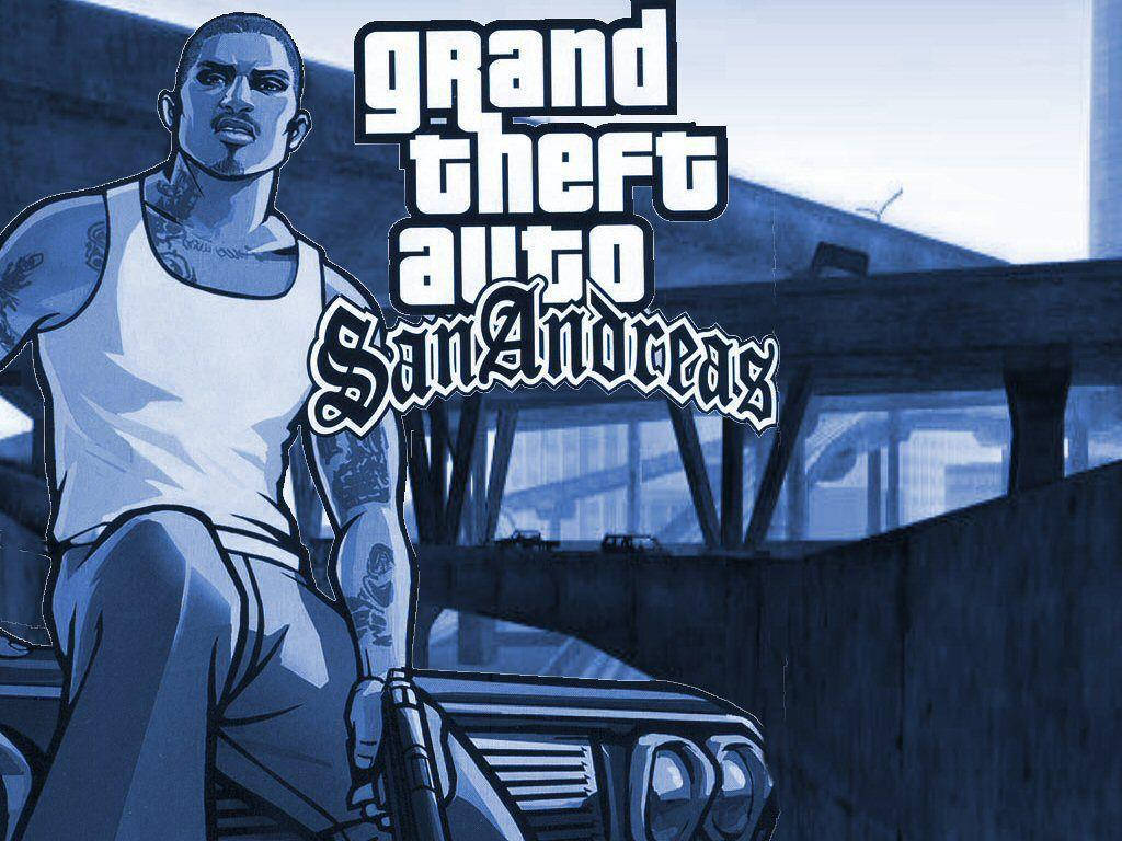 GTA San Andreas 角色在都市環境中於車旁持槍