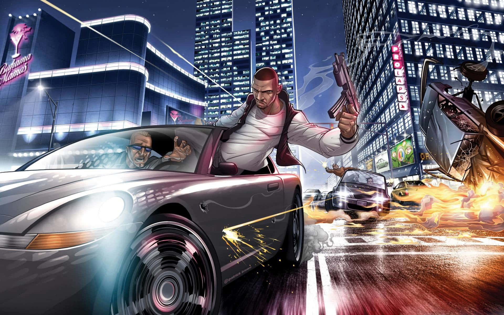 GTA 粉絲藝術汽車追逐畫作背景 壁紙 — 一名男子在開篷車上，在夜間霓虹燈照亮的城市街道上高速追逐，伴隨爆炸和飛車，開槍射擊。