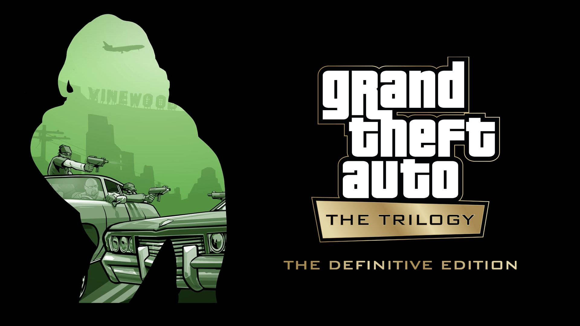 《Grand Theft Auto Trilogy》標誌搭配綠色城市剪影，展示一輛汽車和持槍人物。