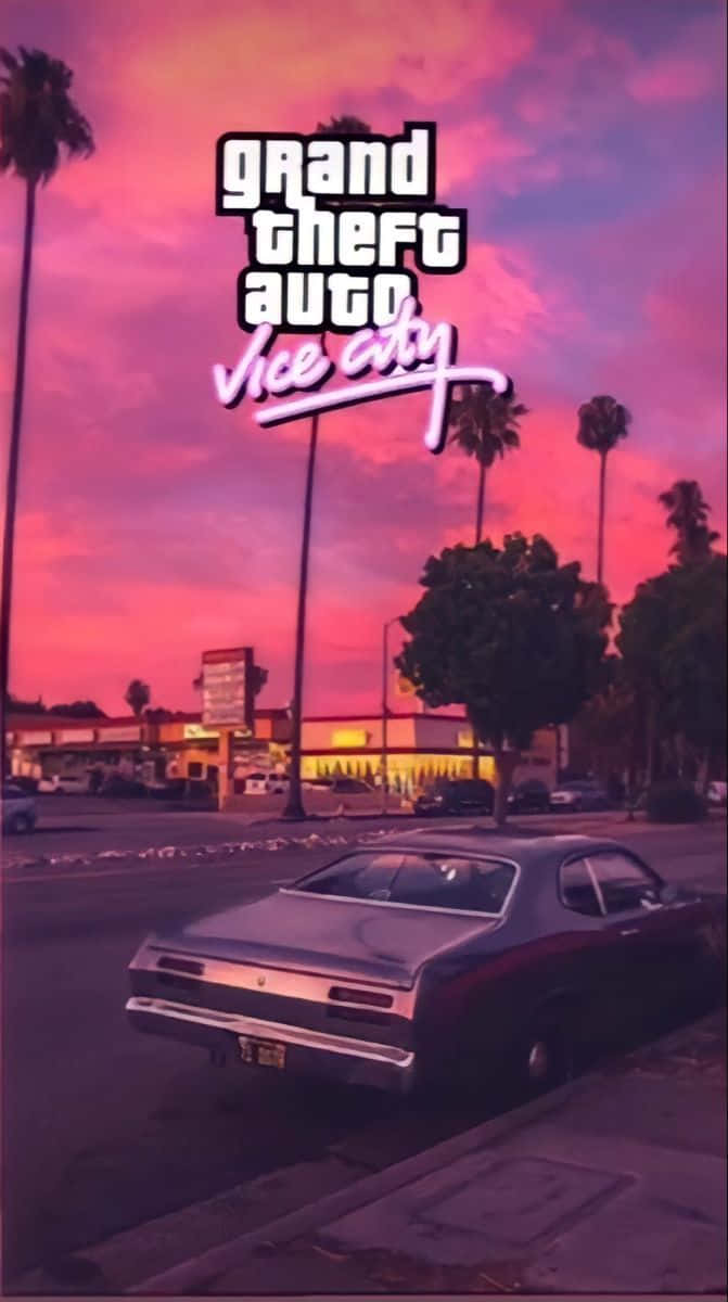 Vice City 日落，配有復古汽車和遊戲標誌