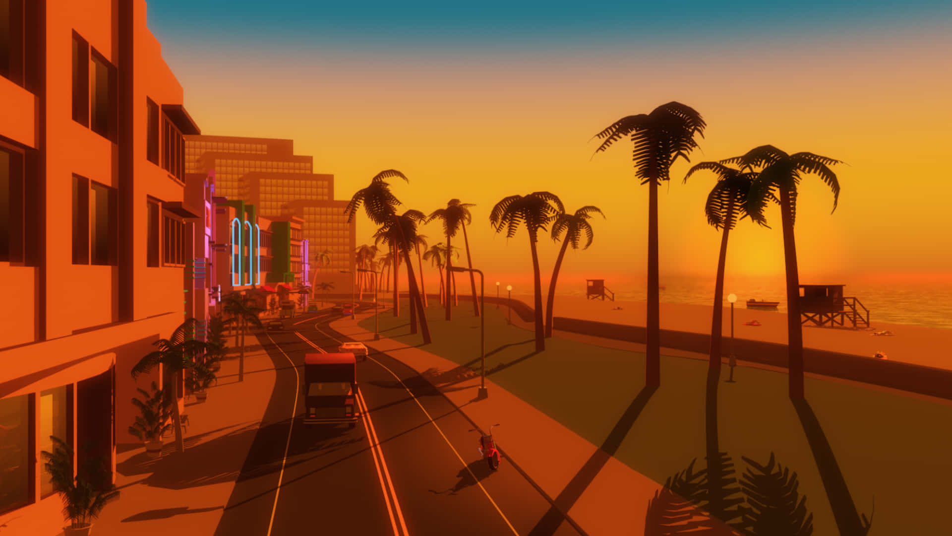 GTA 背景：Vice City 街景 壁紙 — 日落時分，一條霓虹燈照亮的海濱城市街道，棕櫚樹在道路上投下長長的影子。