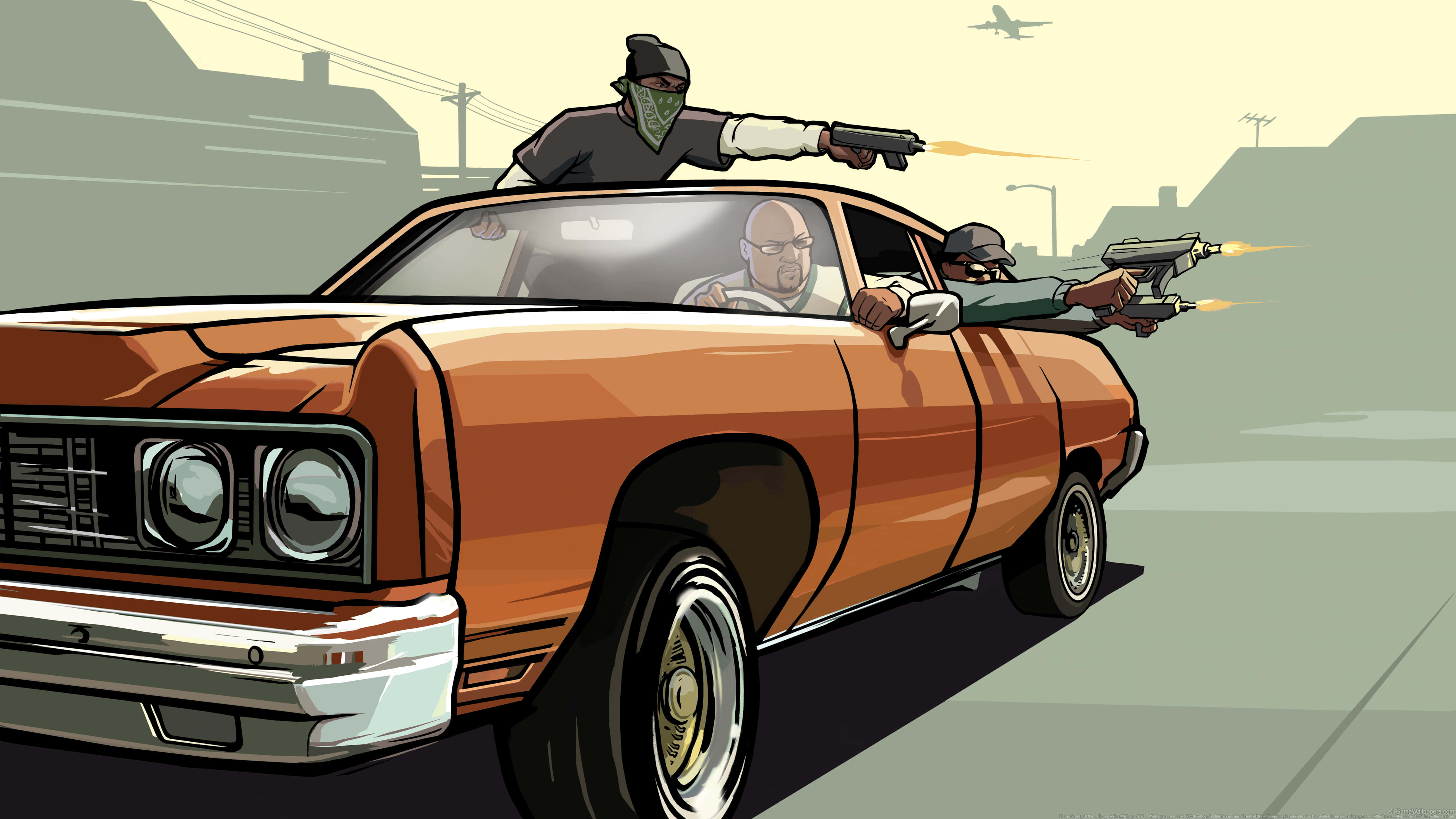 GTA 背景：車禍槍擊 壁紙 — 三名蒙面槍手從一輛高速行駛的橙色肌肉車中，穿過煙霧瀰漫的城市街道開槍射擊。