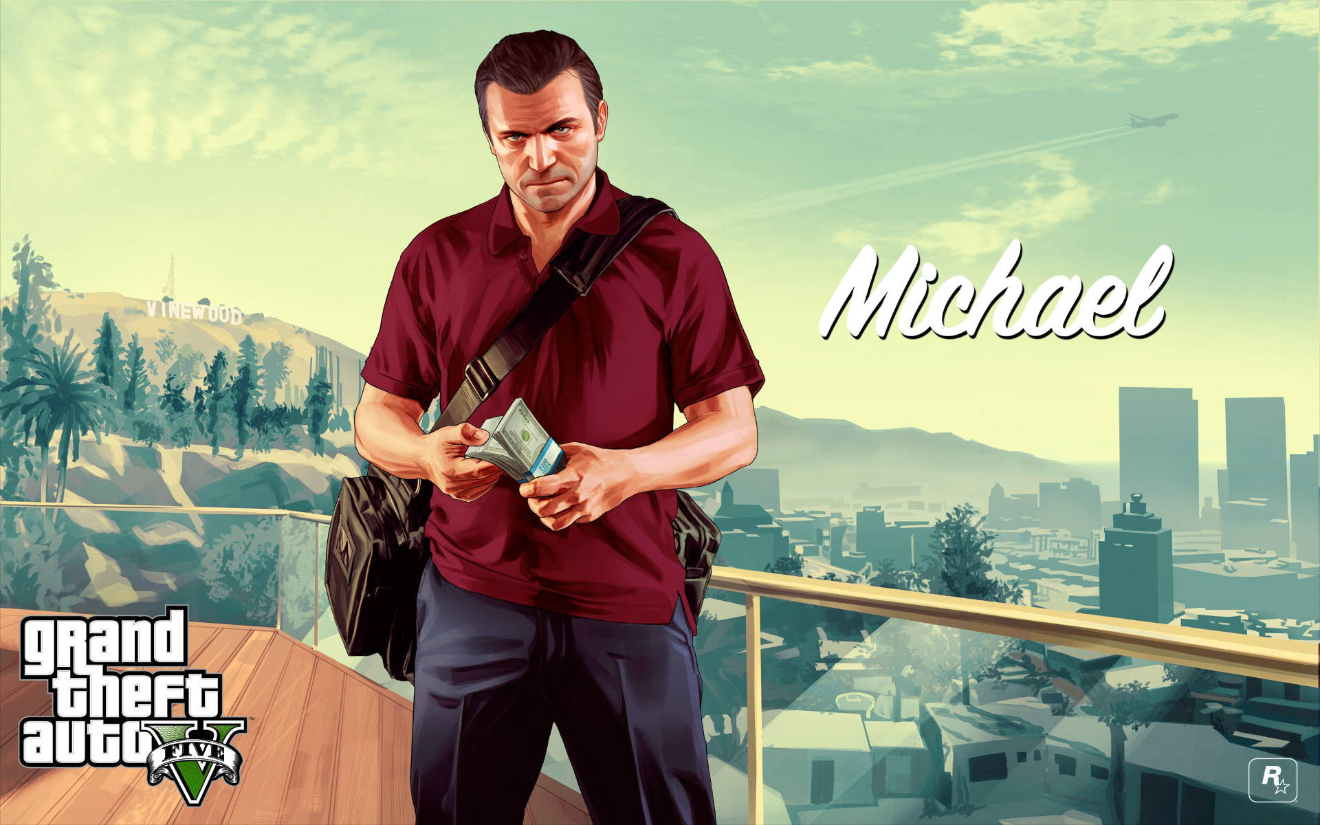 Michael from GTA V 在屋頂上手持現金，俯瞰城市，背景有荷里活標誌。