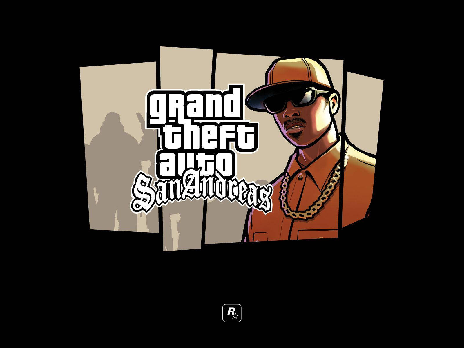 Grand Theft Auto San Andreas 電子遊戲標誌，附有角色插圖。