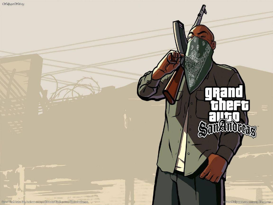GTA聖安地列斯角色在城市環境中戴頭巾持步槍。