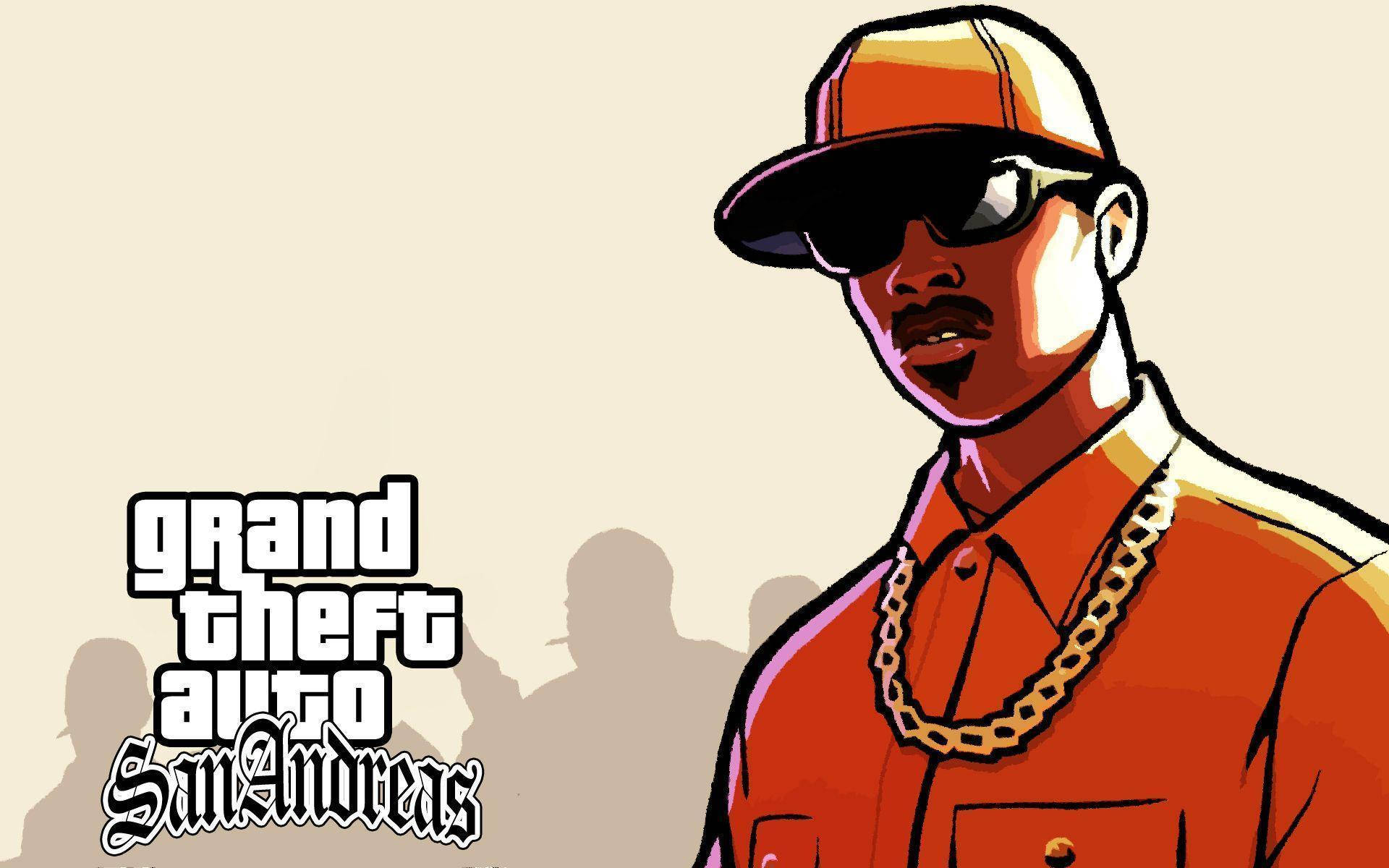GTA San Andreas角色，穿著橙色襯衫和帽子，戴著金色鏈條。