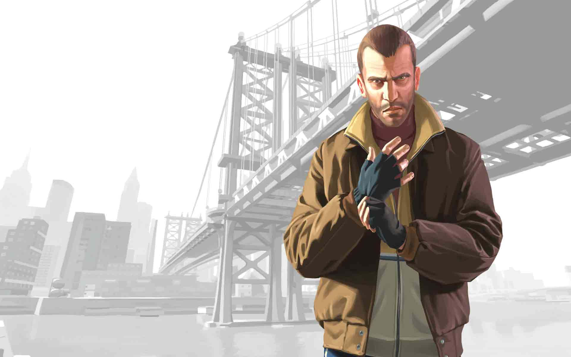 GTA中的城市嚇人角色 壁紙 — 一個嚴肅的男人穿著棕色外套，站在單色橋樑和城市景觀前，激烈地調整手套。