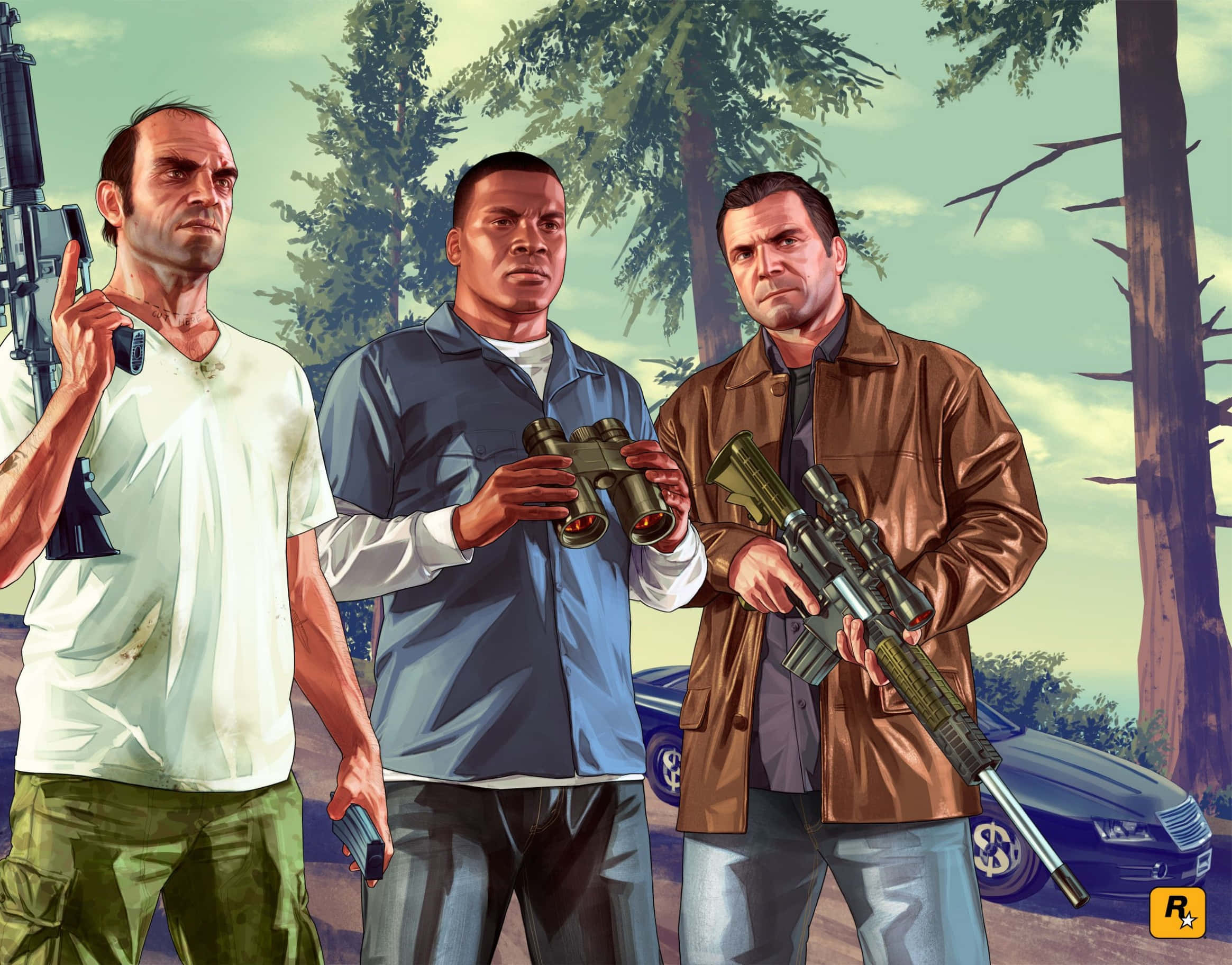 GTA中的威脅男性角色 壁紙 — 三名武裝男子在森林中持步槍和望遠鏡，在一輛藍色汽車附近保持警覺。