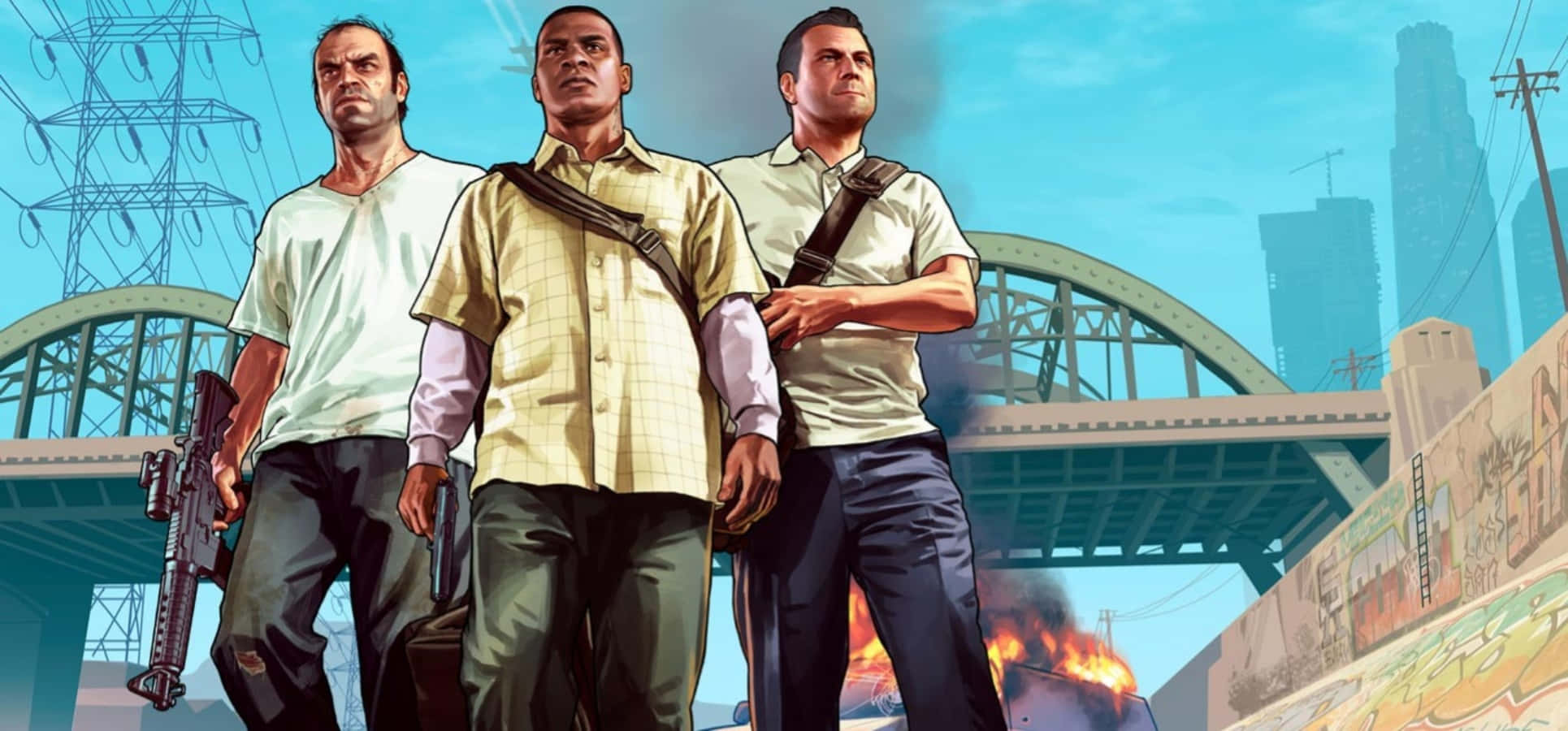 GTA中的帥氣男性角色 壁紙 — 三名武裝男子自信地站在橋下，背景是粗糙的城市環境，有塗鴉和火焰。
