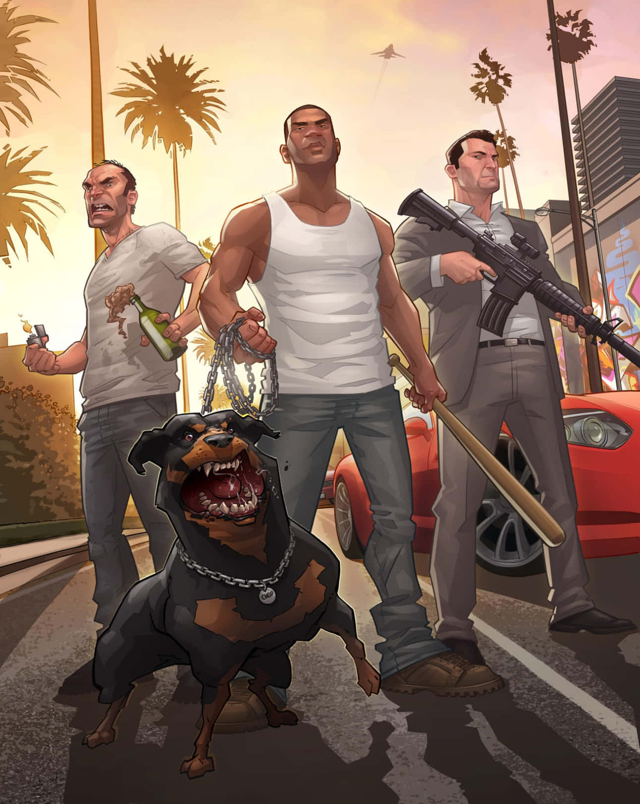 GTA中的帥氣罪犯角色 壁紙 — 三名武裝男子和一隻咆哮的洛威拿犬在陽光明媚的城市街道上威嚇地站立，背景有棕櫚樹和一輛紅色汽車。