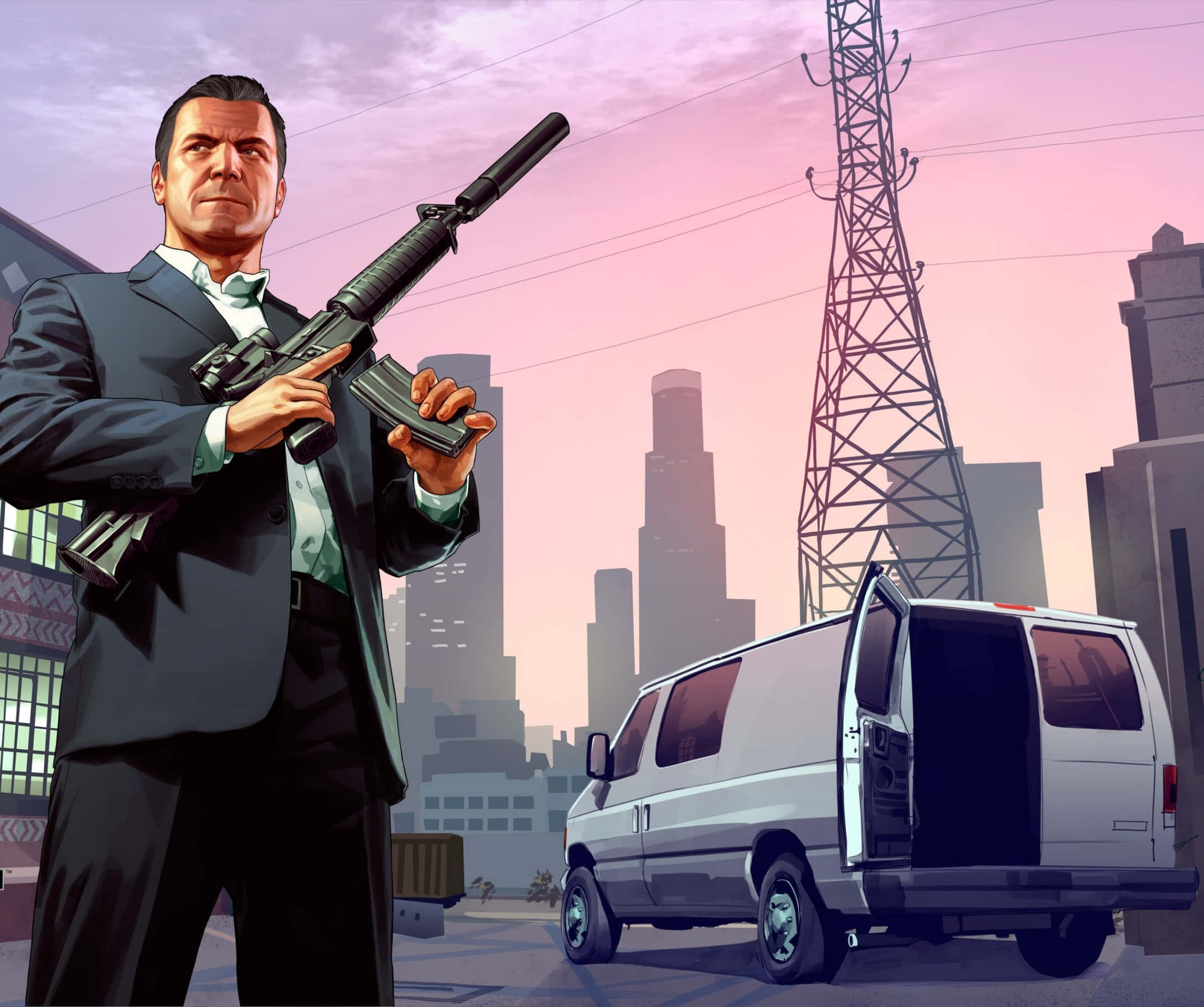 GTA中的強烈嚇人角色 壁紙 — 一名身穿西裝的男子在黃昏時分，以粉紅色城市天際線為背景，站在一輛白色貨車旁手持突擊步槍。