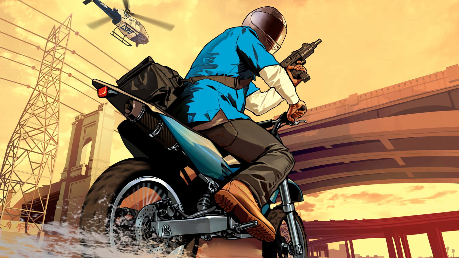 GTA中的摩托車追逐槍戰 壁紙 — 一名身穿藍色襯衫和頭盔的電單車手，手持槍支騎行穿過水面，頭頂有直升機飛過。