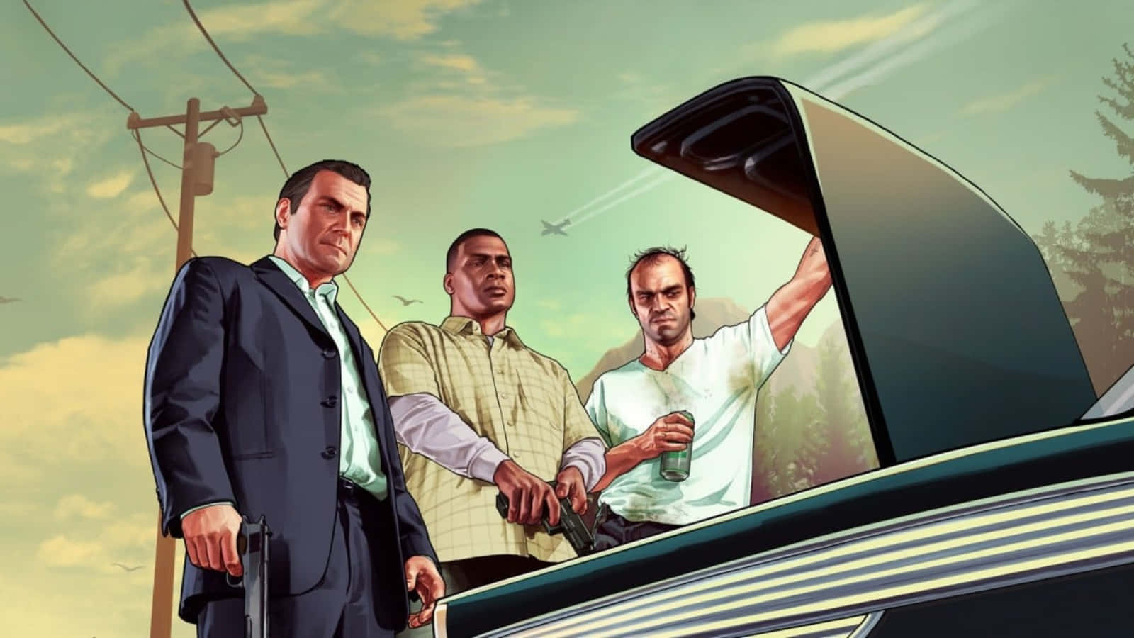 GTA中的男性幫派角色 壁紙 — 三名武裝男子站在一輛打開車尾箱的汽車旁，天空多雲，鳥兒在頭頂飛翔。