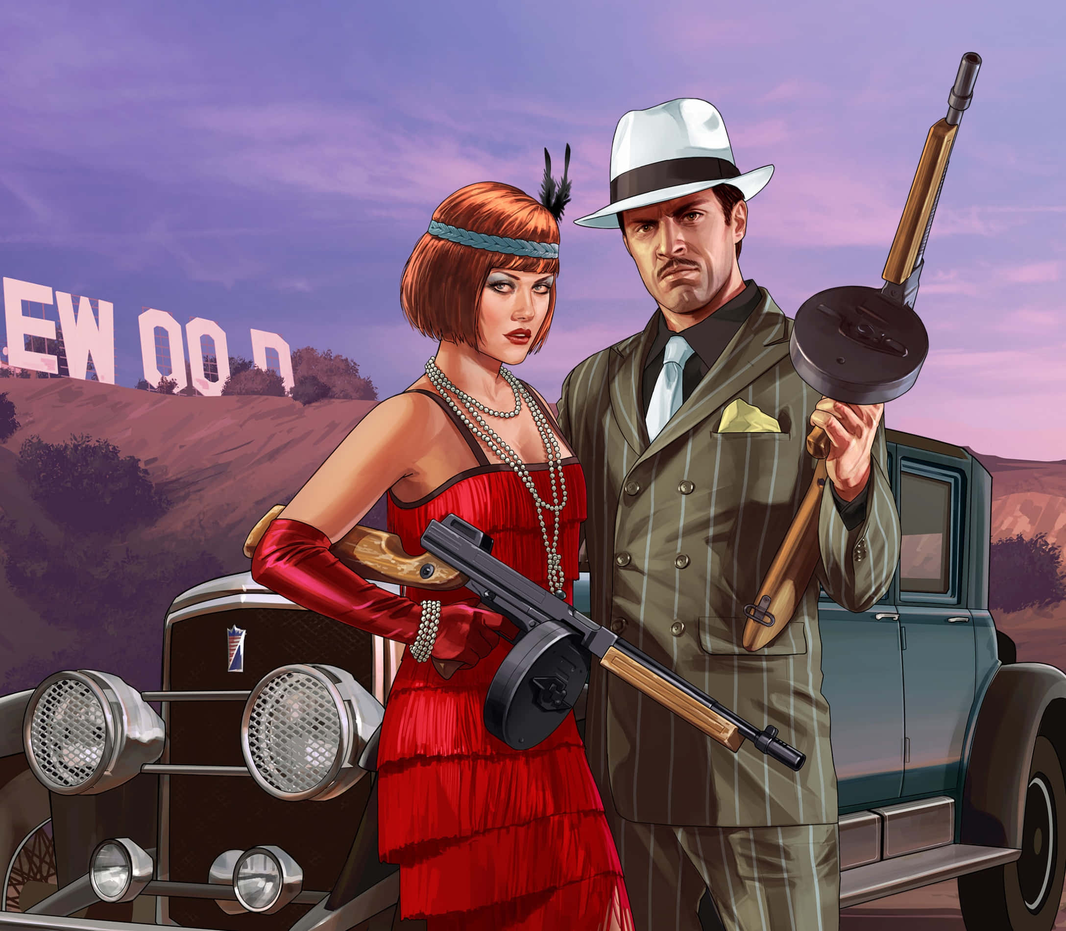 GTA中的邦妮與克萊德角色 壁紙 — 一對迷人的1920年代情侶，身穿紅色連衣裙和西裝，站在一輛復古車旁，手持衝鋒槍，背景是暮色中的荷里活標誌。