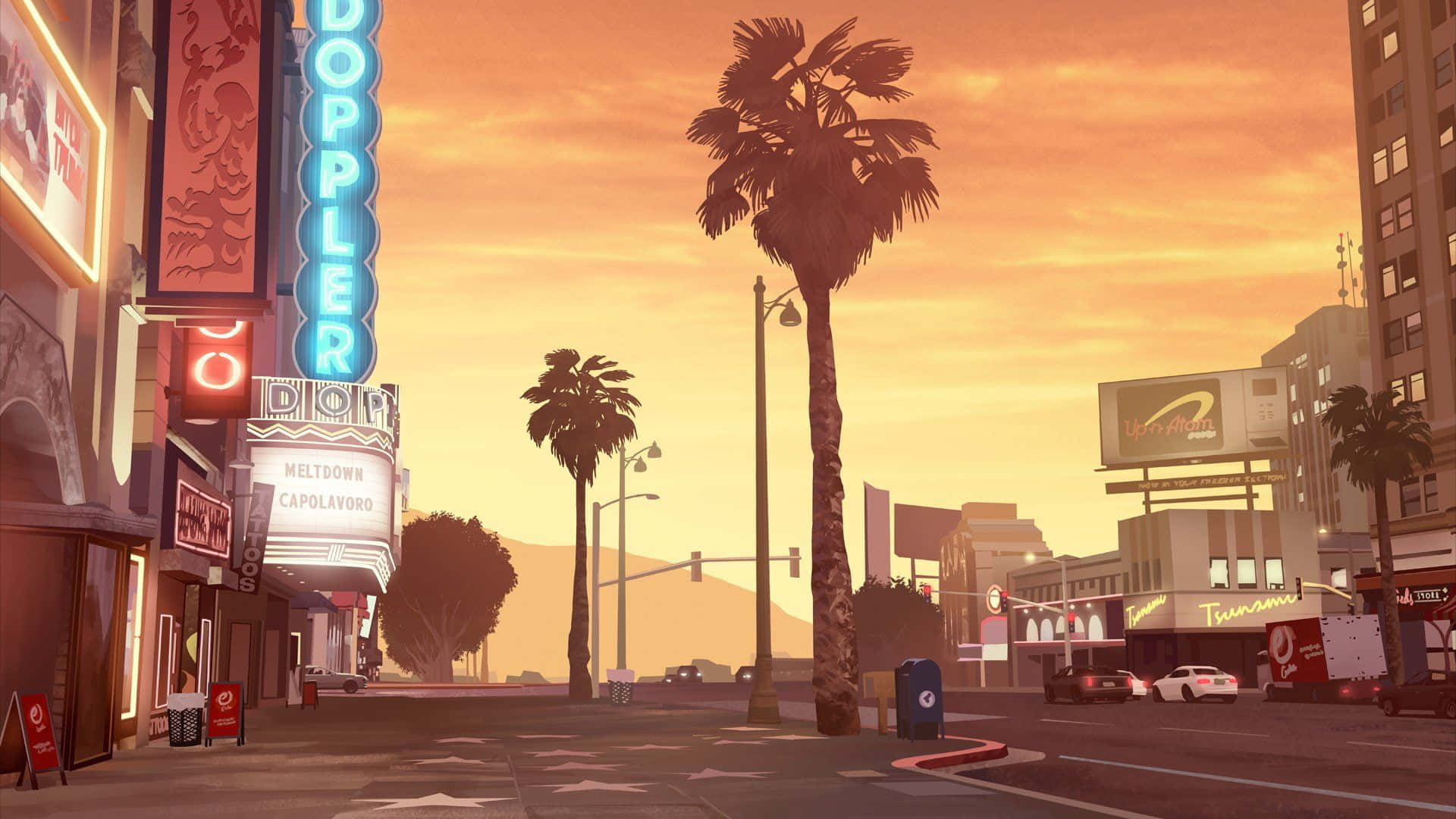 GTA五 Hollywood街景背景 壁紙 — 充滿活力的夕陽照耀著一條繁華的城市街道，兩旁種滿棕櫚樹和閃爍的霓虹燈招牌。