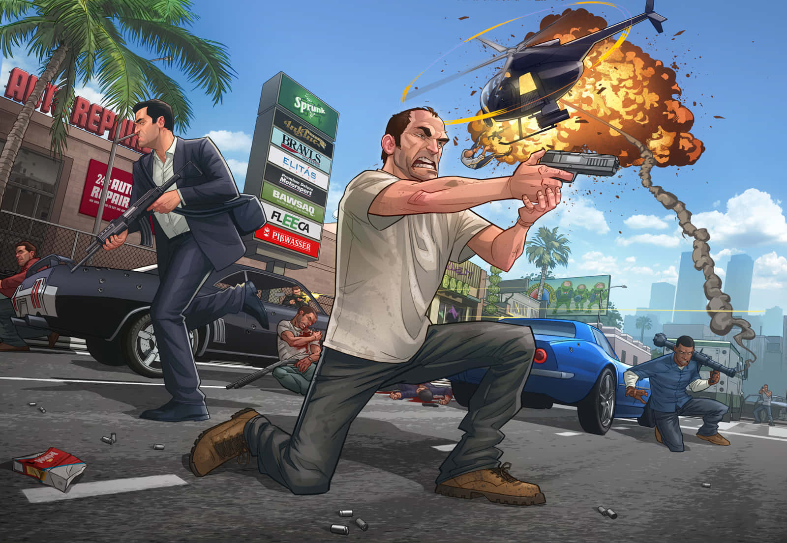 GTA城市混亂直升機圖 壁紙 — 一場混亂的街頭戰鬥爆發，一名男子向城市景觀（有棕櫚樹和汽車）上空爆炸的直升機開槍。