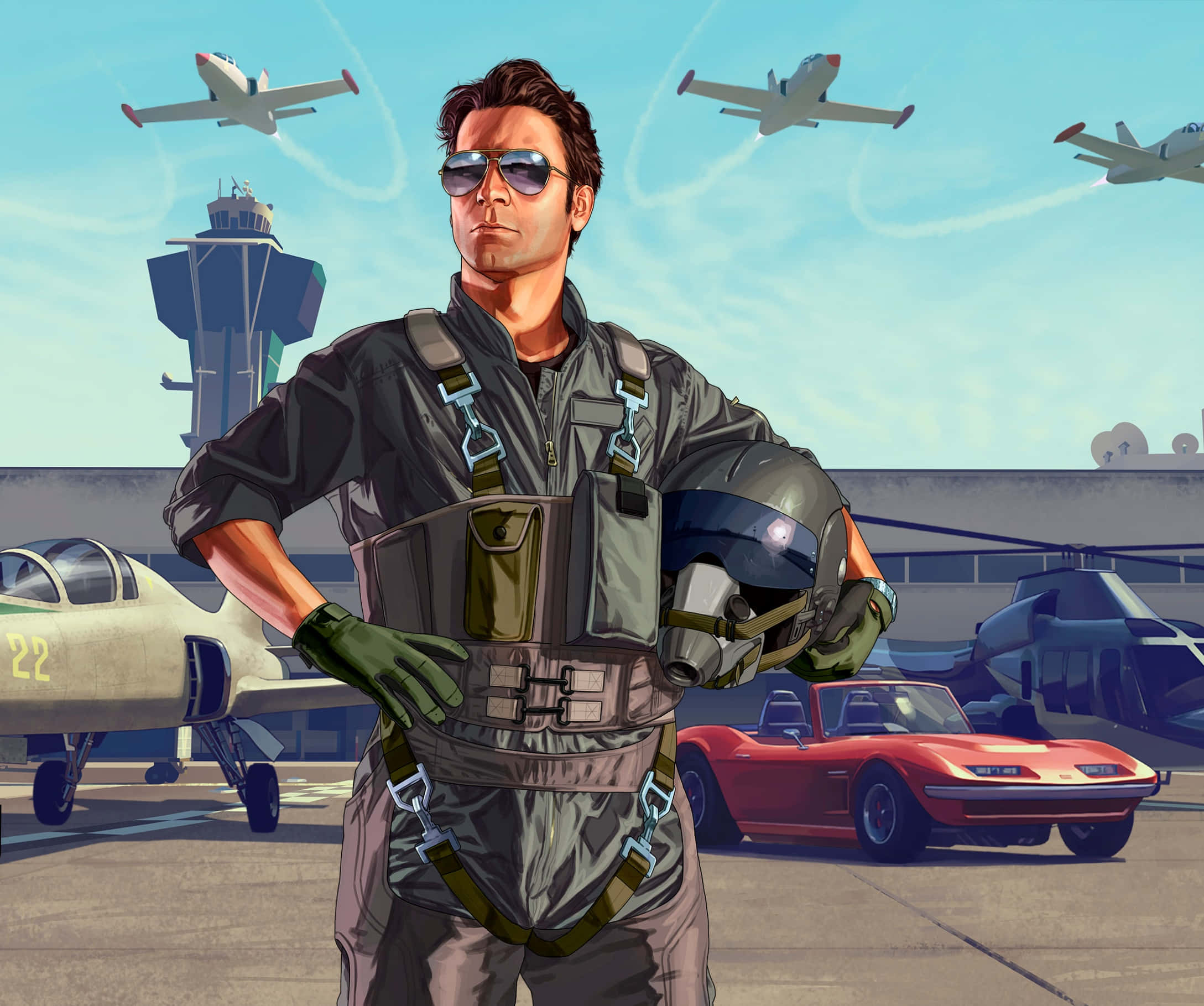 GTA帥氣海軍裝扮男子圖 壁紙 — 自信滿滿的飛行員穿著飛行裝備站在停機坪上，手持頭盔，背景有噴射機和紅色跑車，天空晴朗。