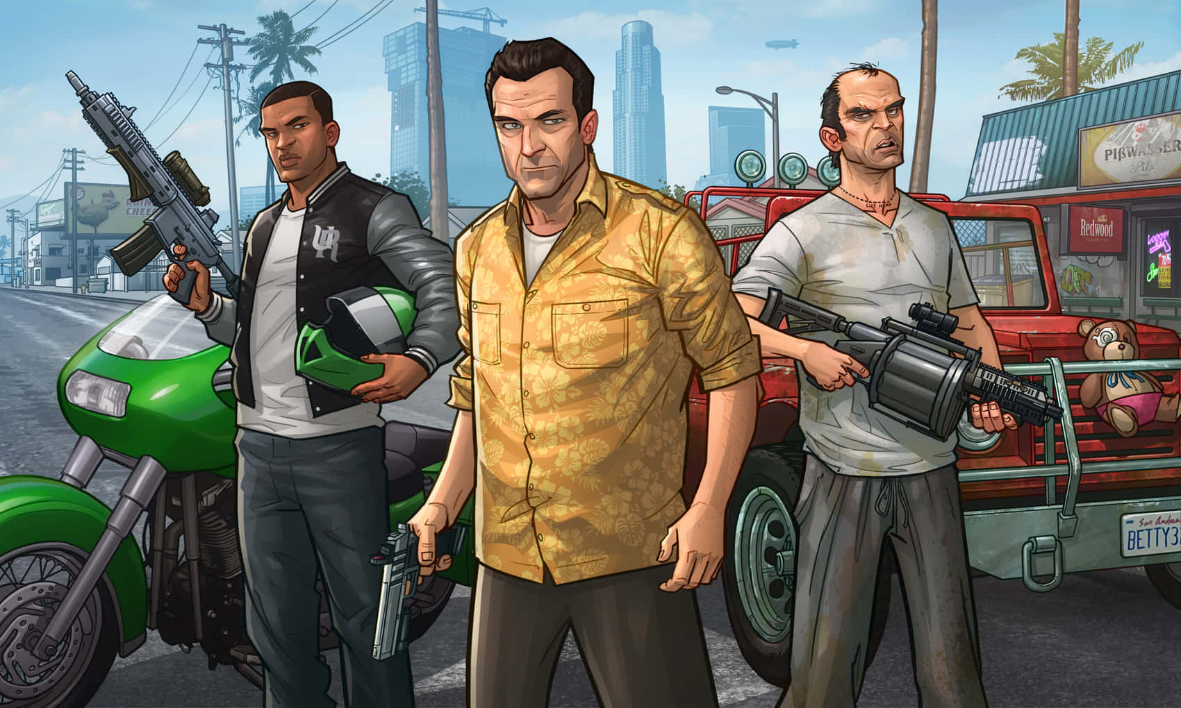 GTA恐懼幫派持槍圖 壁紙 — 三名武裝男子站在陽光明媚的城市街道上，身後有一輛綠色電單車和一輛紅色卡車。