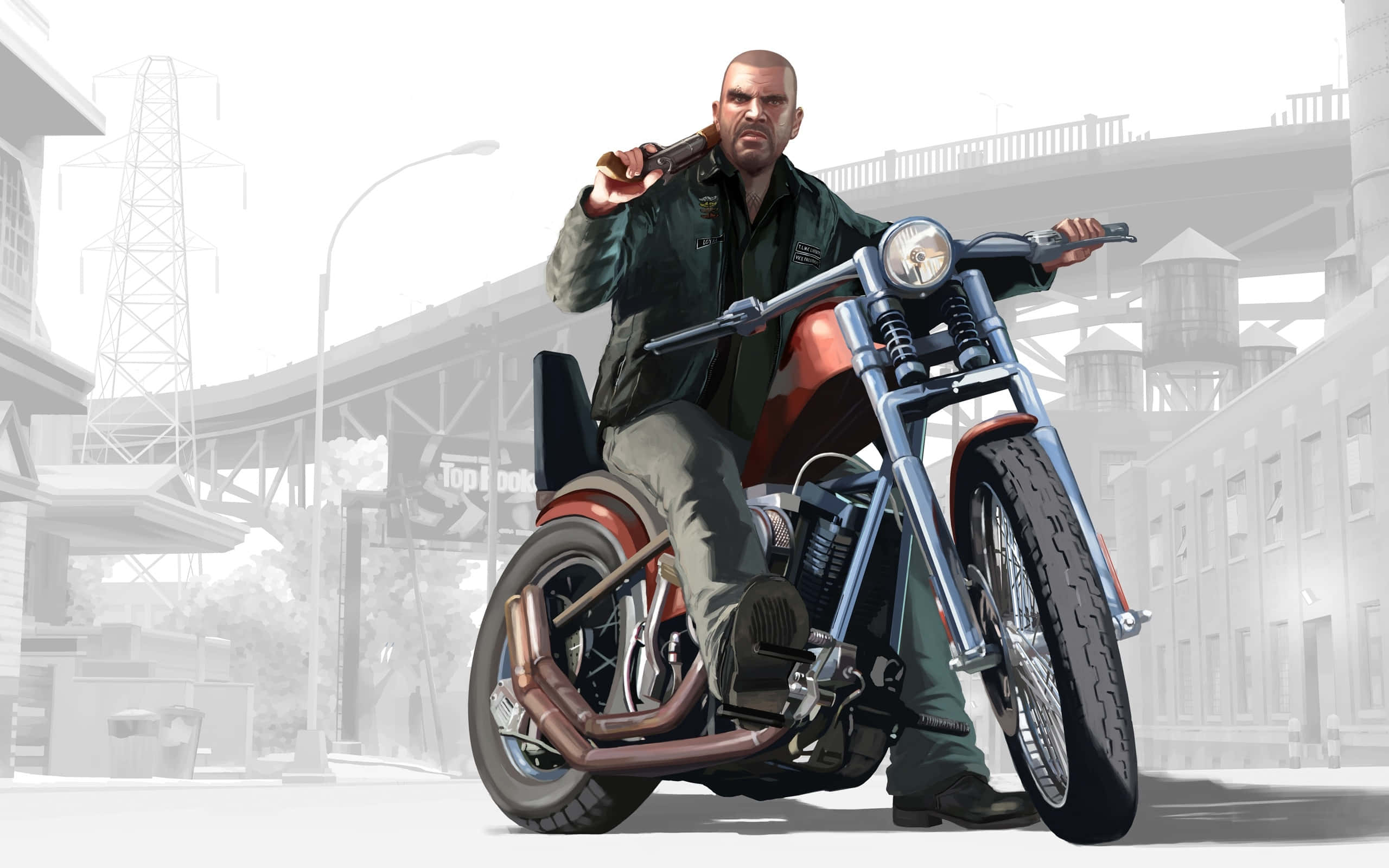 GTA摩托車持棒男子圖 壁紙 — 一名禿頭男子穿著綠色夾克，騎著一輛紅色鍍鉻的chopper摩托車，行駛在一條飽和度低的城市街道上，兩旁有工業建築和電線。