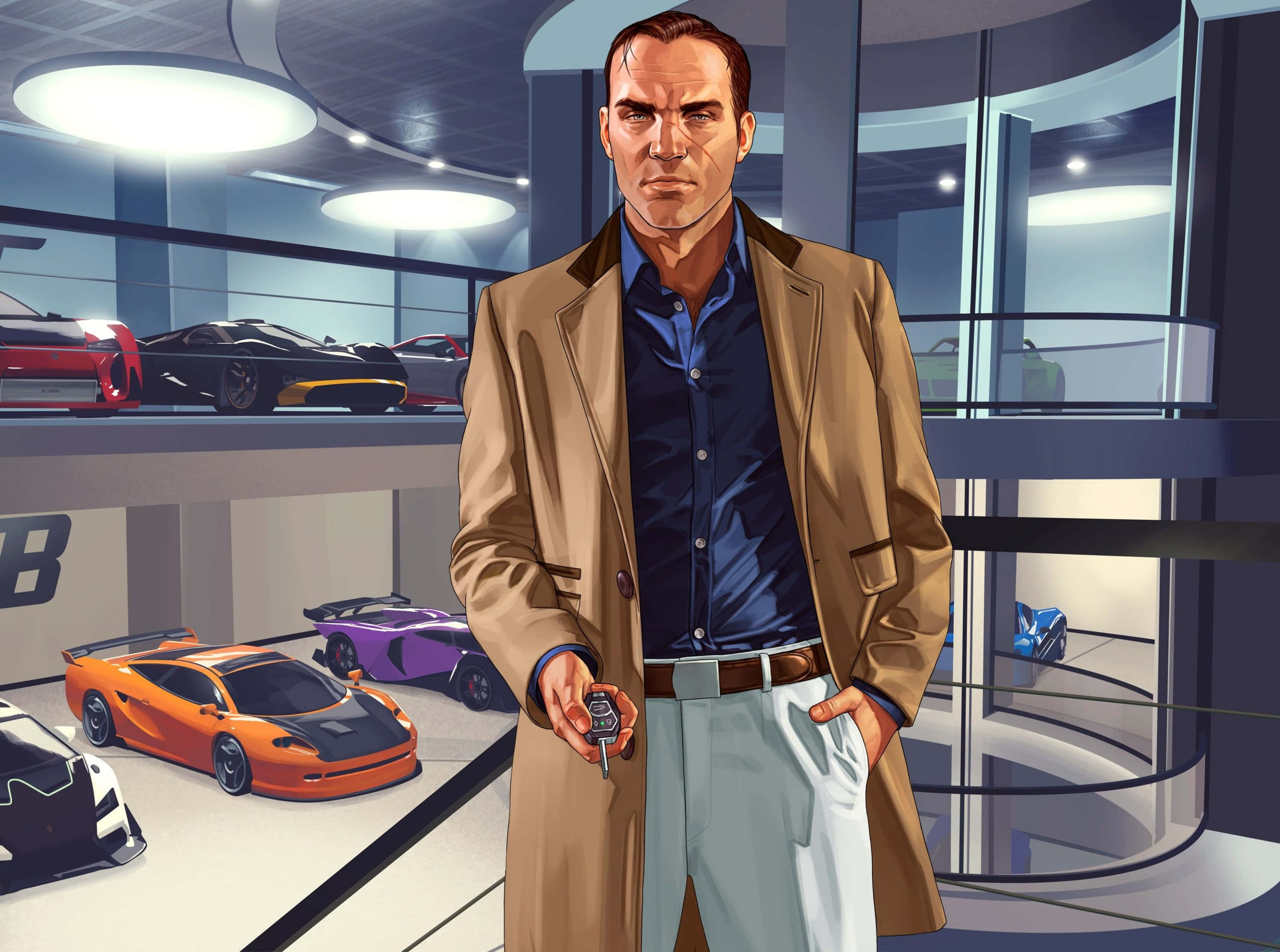 GTA男子車庫收藏圖 壁紙 — 一位神情嚴肅的男子身穿米色外套，站在時尚的汽車展廳中，手持鑰匙，周圍是明亮的吊燈下色彩繽紛的超級跑車。