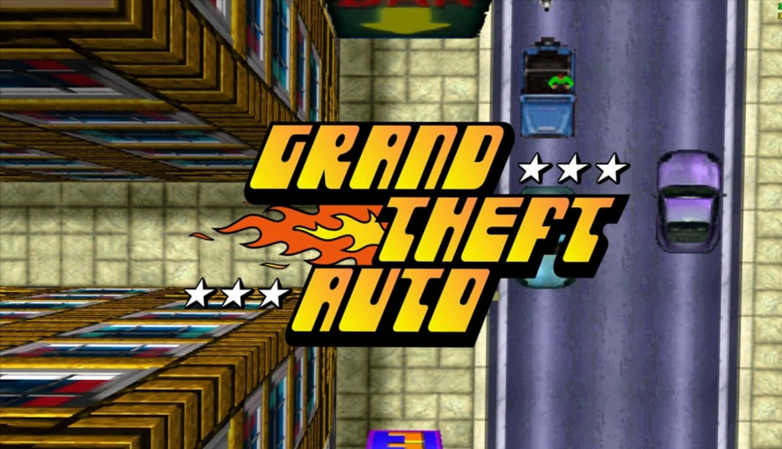 GTA經典遊戲設計 壁紙 — 《俠盜獵車手》遊戲標題畫面，像素化汽車在狹窄的城市街道上奔馳。