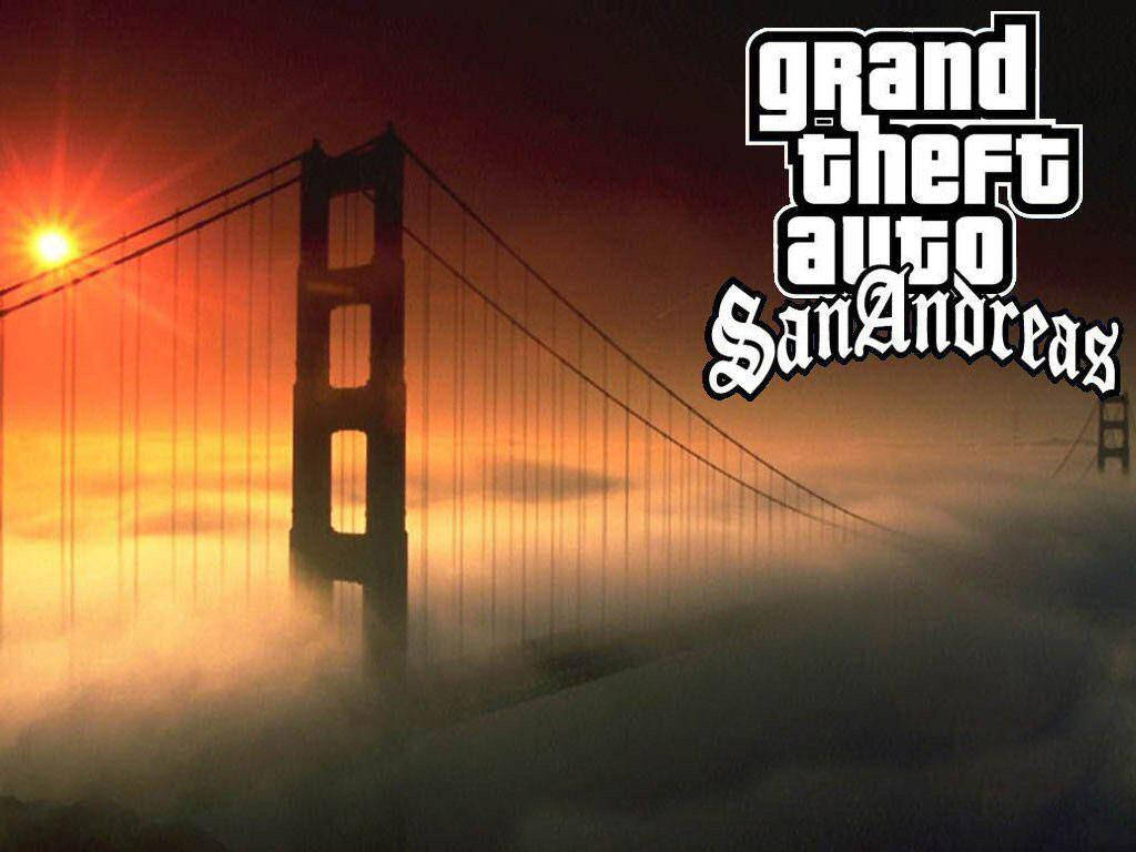 日落時分的金門大橋，帶有霧氣和GTA San Andreas標誌