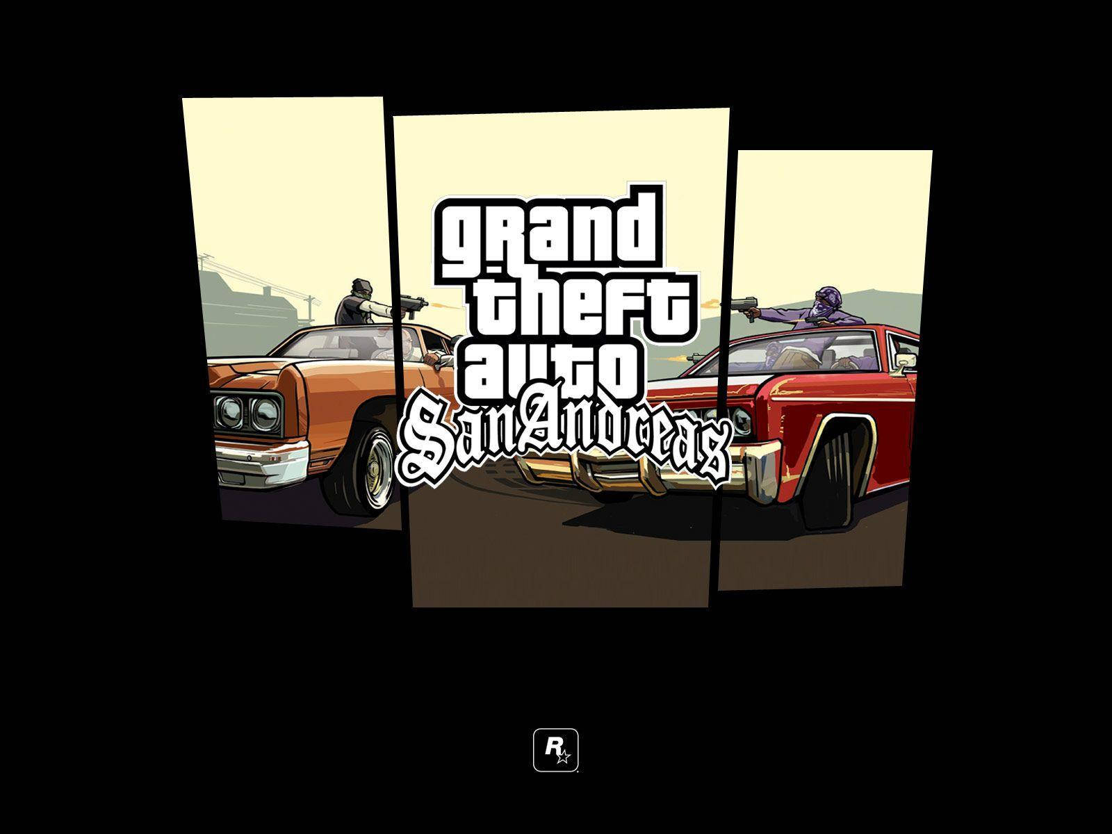 Grand Theft Auto San Andreas 標誌，附有兩輛汽車和武裝角色。