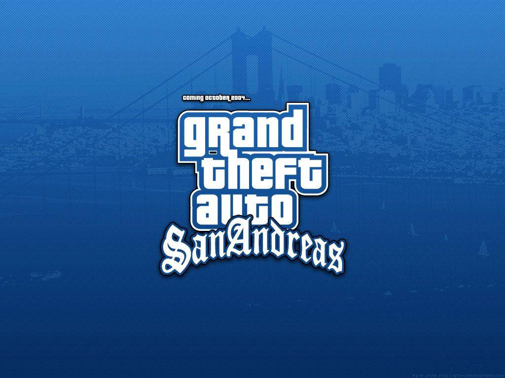 Grand Theft Auto San Andreas 電子遊戲標誌，背景為城市天際線。