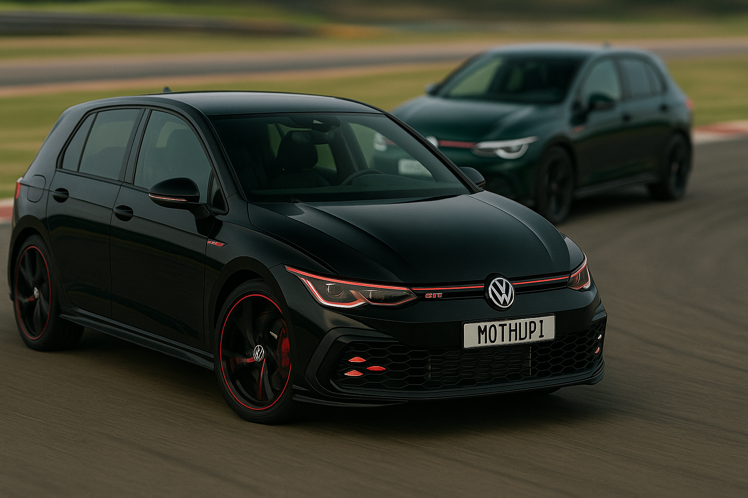 GTI 壁紙 — 兩輛黑色和綠色的時尚福士汽車高爾夫GTI在模糊的賽道上並排競速。