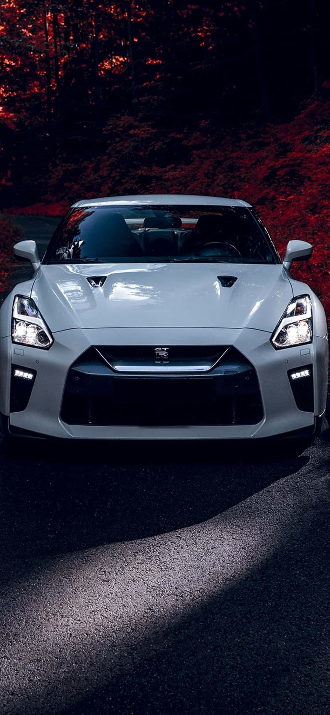 探索 GTR iPhone 的迷人世界 壁紙 — 一輛時尚的銀色跑車在戲劇性燈光下閃耀，背景是火紅的秋樹。