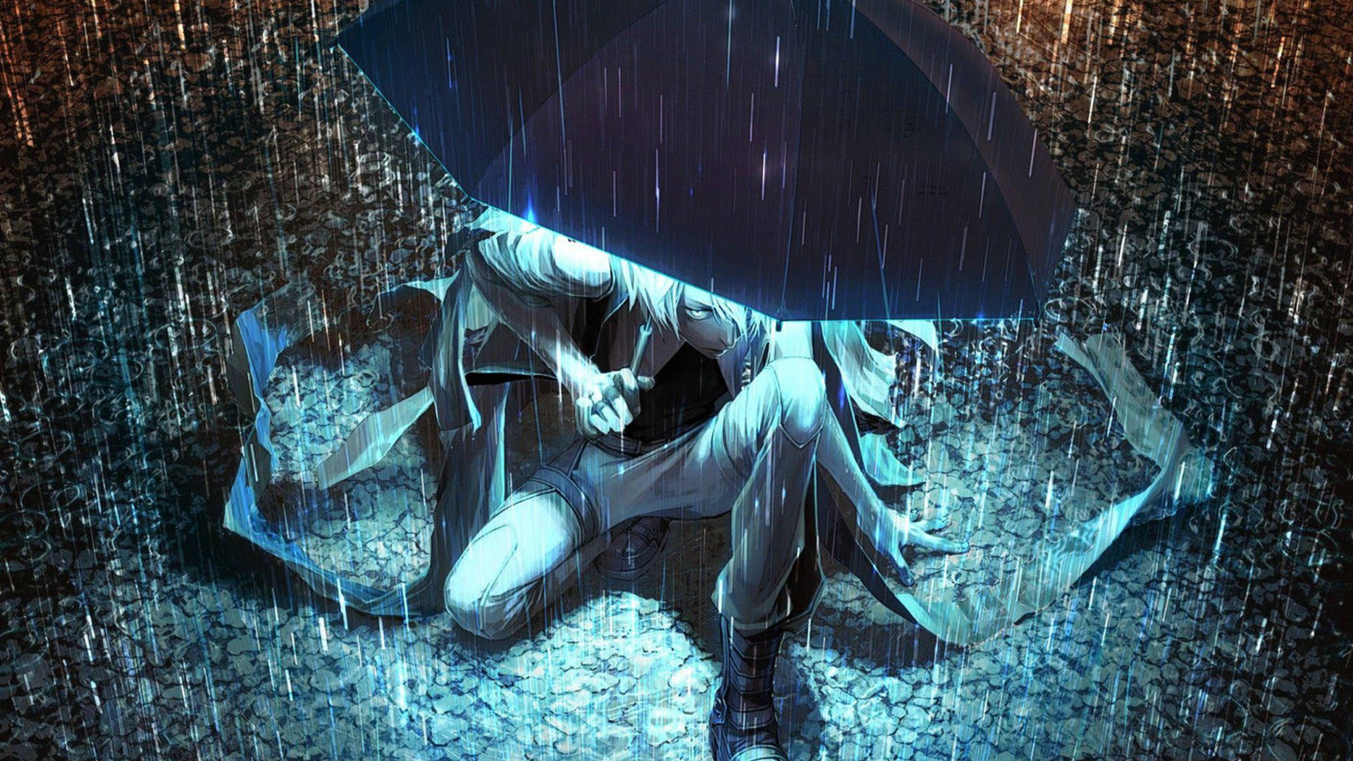 白發動漫角色在夜晚的雨街中坐在雨傘下。