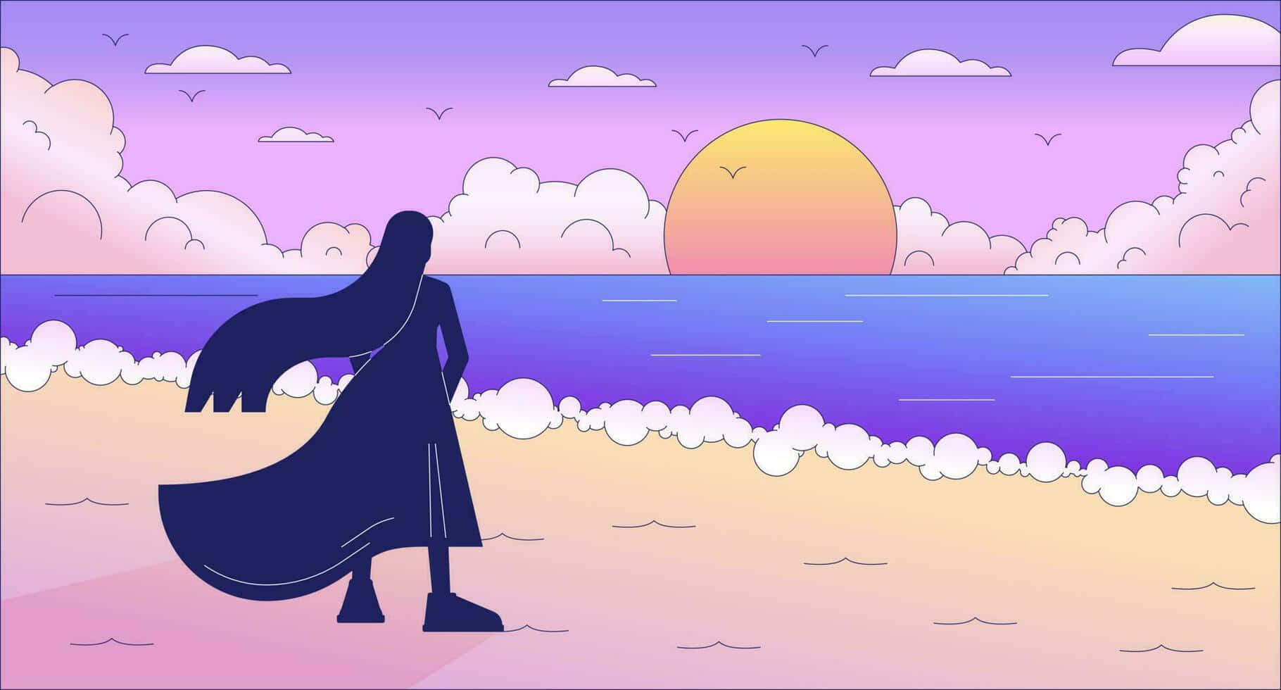  壁紙 — 一個孤獨的黑色剪影，身穿飄逸斗篷，站在沙灘上觀賞海洋上充滿活力的紫色和橙色日落。