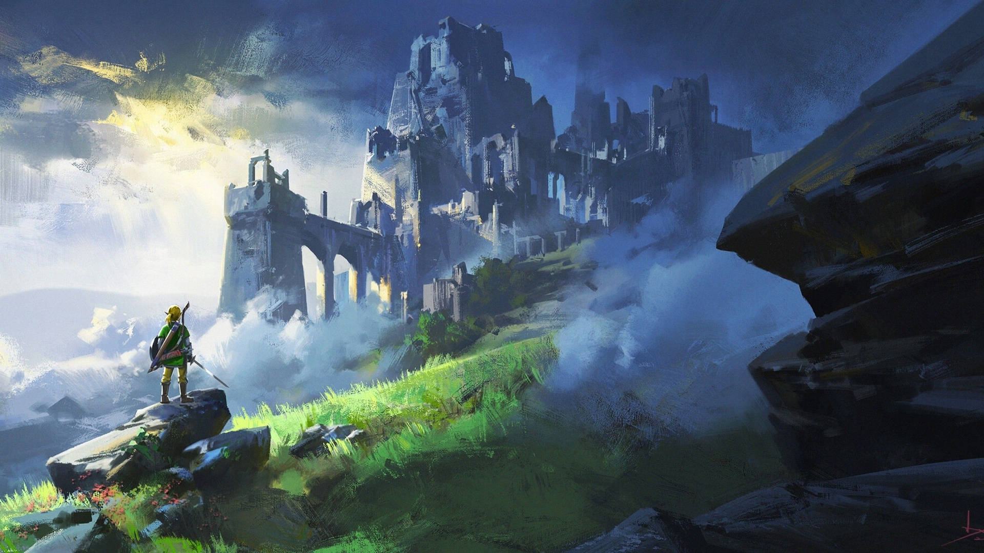 《薩爾達傳說》中希爾德王國的經典風景 壁紙 — 一個孤獨的冒險家站在長滿草的懸崖上，俯瞰著霧氣籠罩的城堡廢墟，背景是戲劇性的暮色天空。