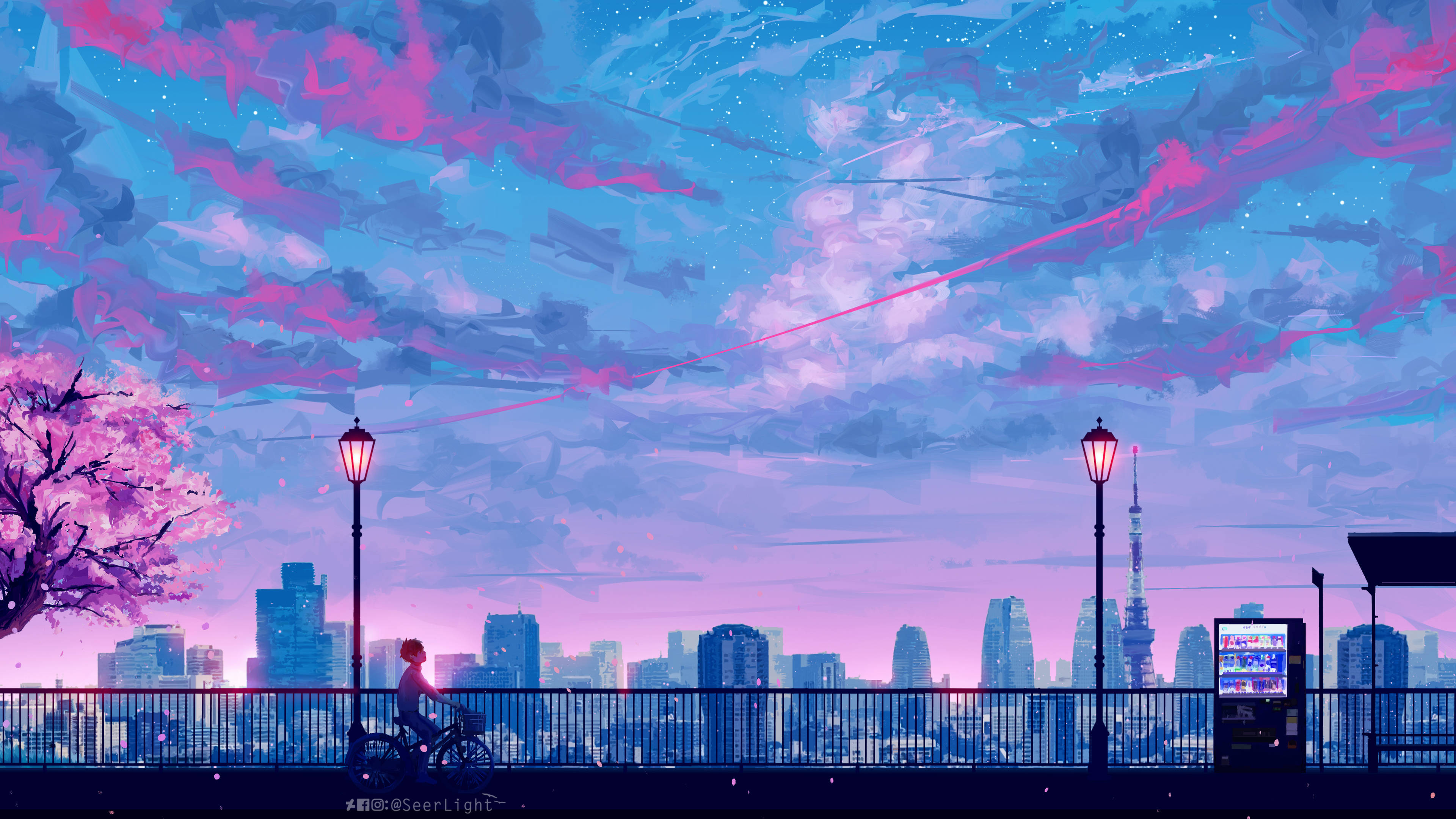 4K 動漫風景：城市夕照 壁紙 — 一位孤獨的騎單車者沿著欄杆騎行，在充滿活力的粉紅色和藍色暮色天空下，點綴著星星，上方是未來主義的城市景觀。