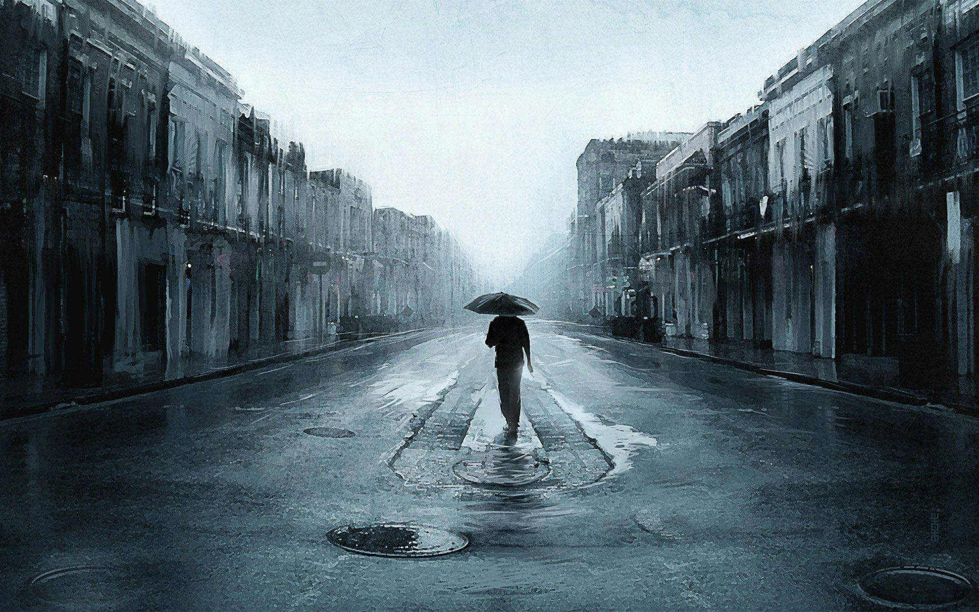 雨中獨自撐傘走在空無一人的城市街道上的人。 — Emo風格 壁紙